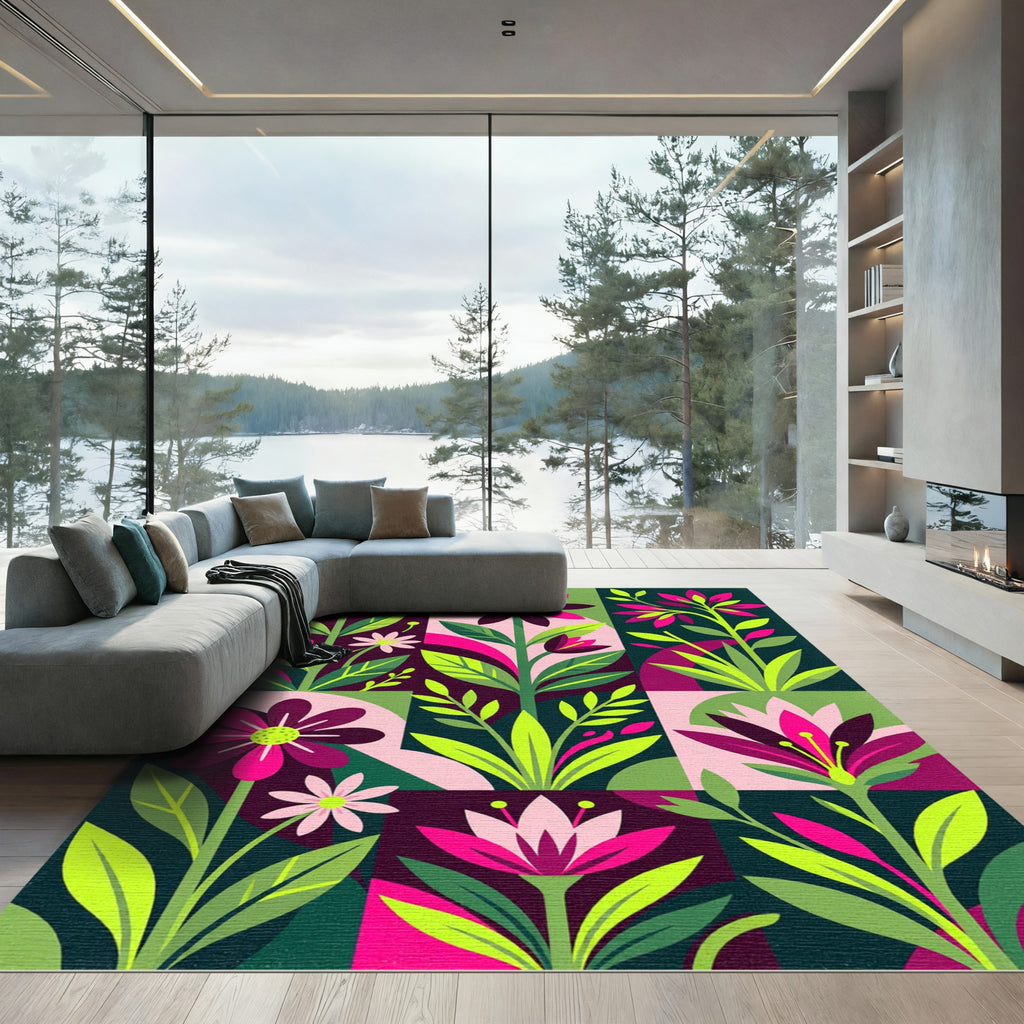 Bold Modern Floral Botanical Grid Rug