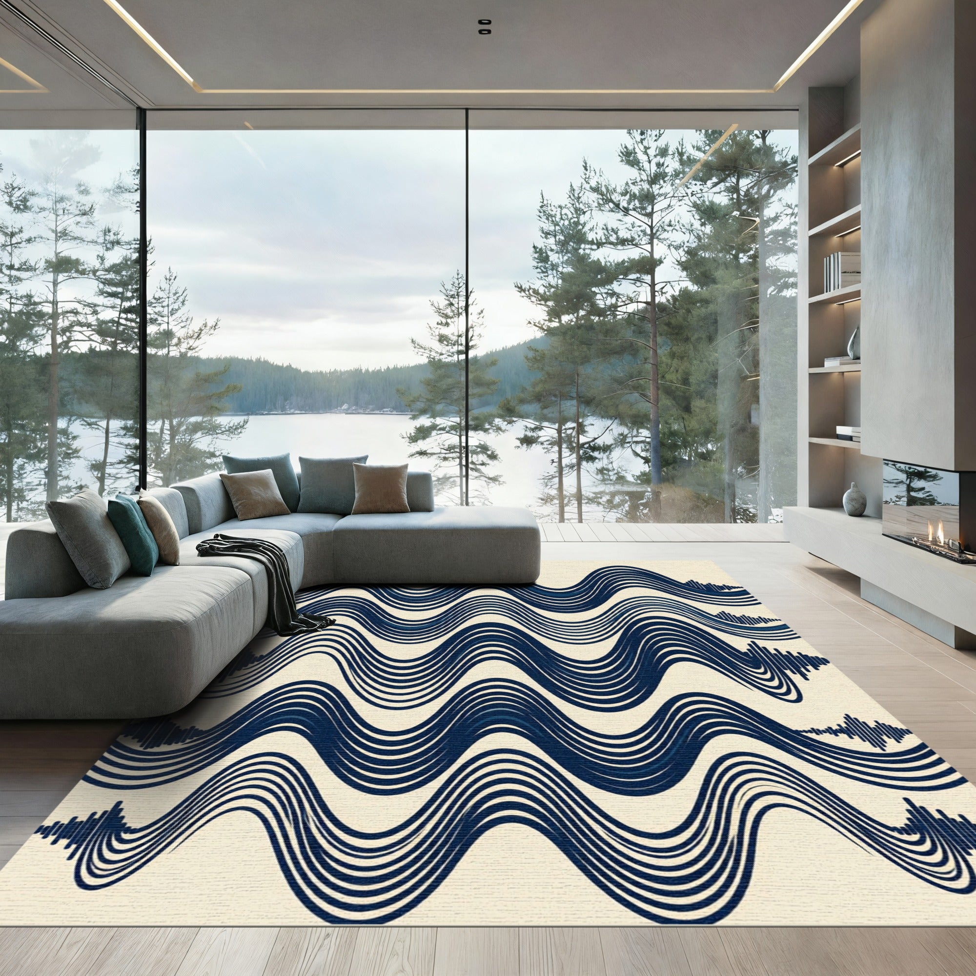Navy Blue Abstract Wavy Linear Rug