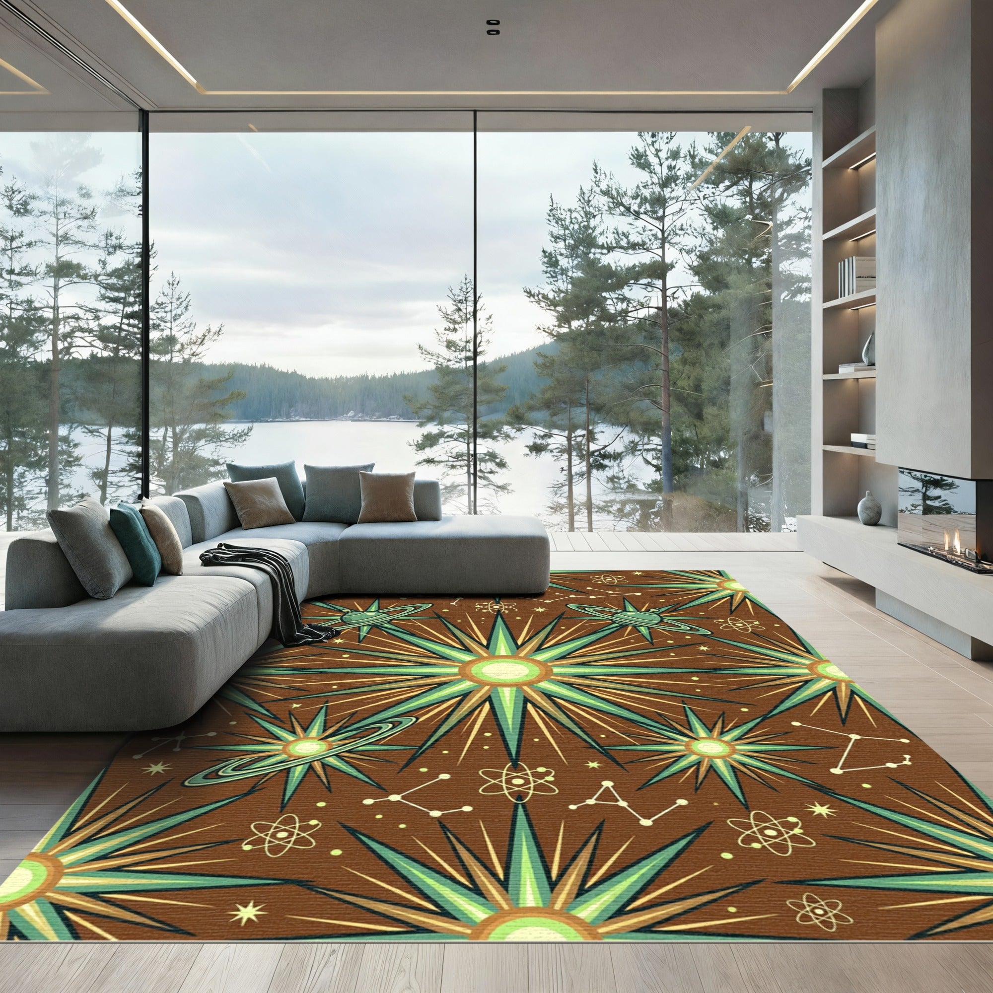 Celestial Geometric Star and Planet Art Rug
