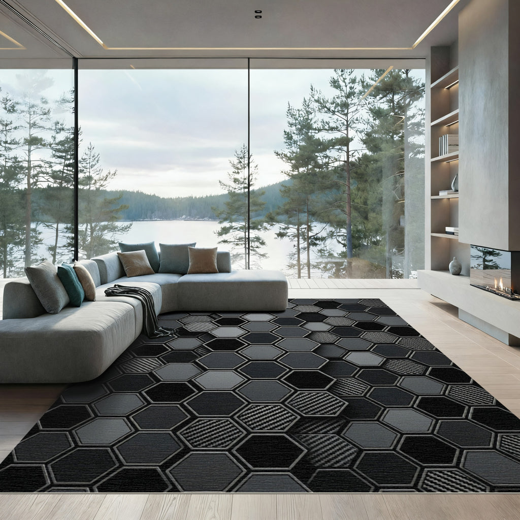 Dark Monochrome Hexagonal Grid Rug