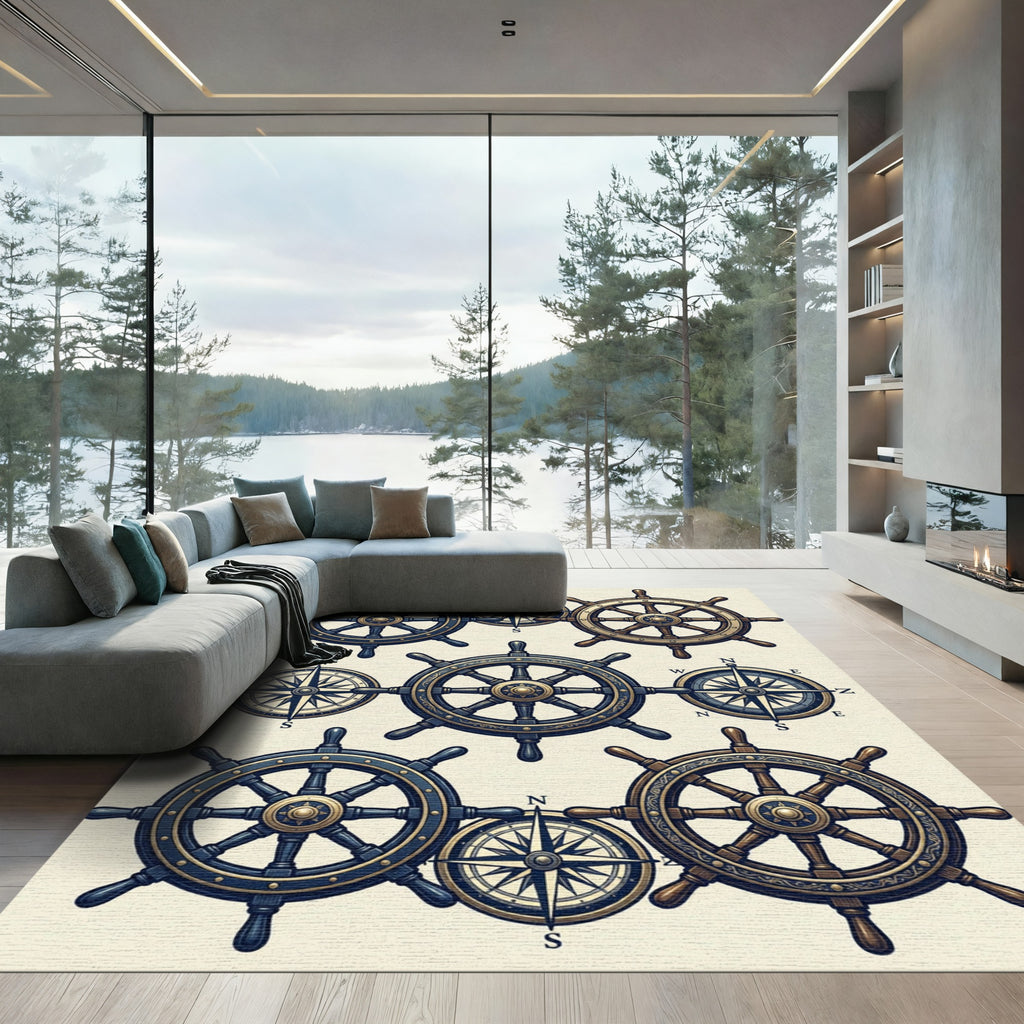 Nautical Brass Compasses and Helm Wheels Rug