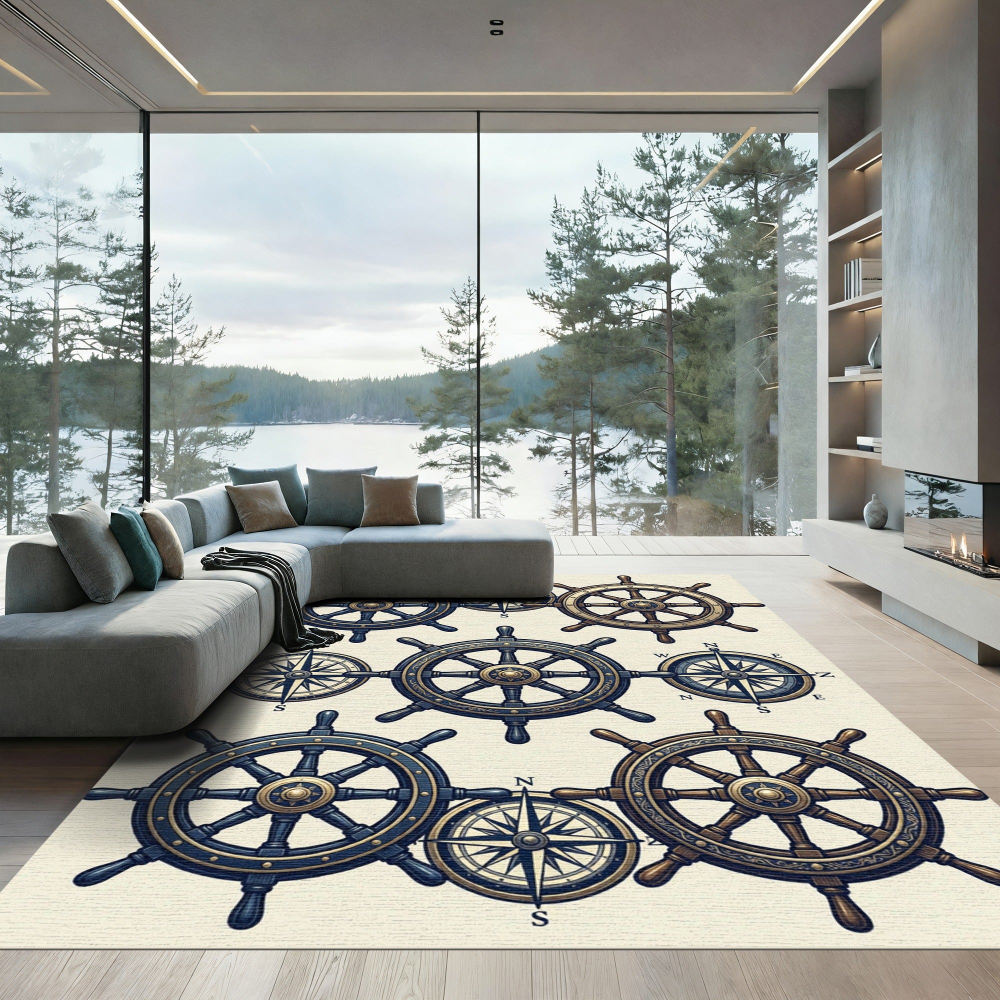 Nautical Brass Compasses and Helm Wheels Rug
