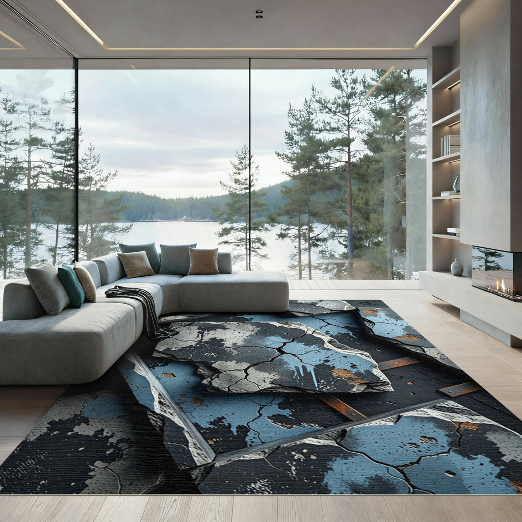 Cracked Concrete Blue Splatter Abstract Rug