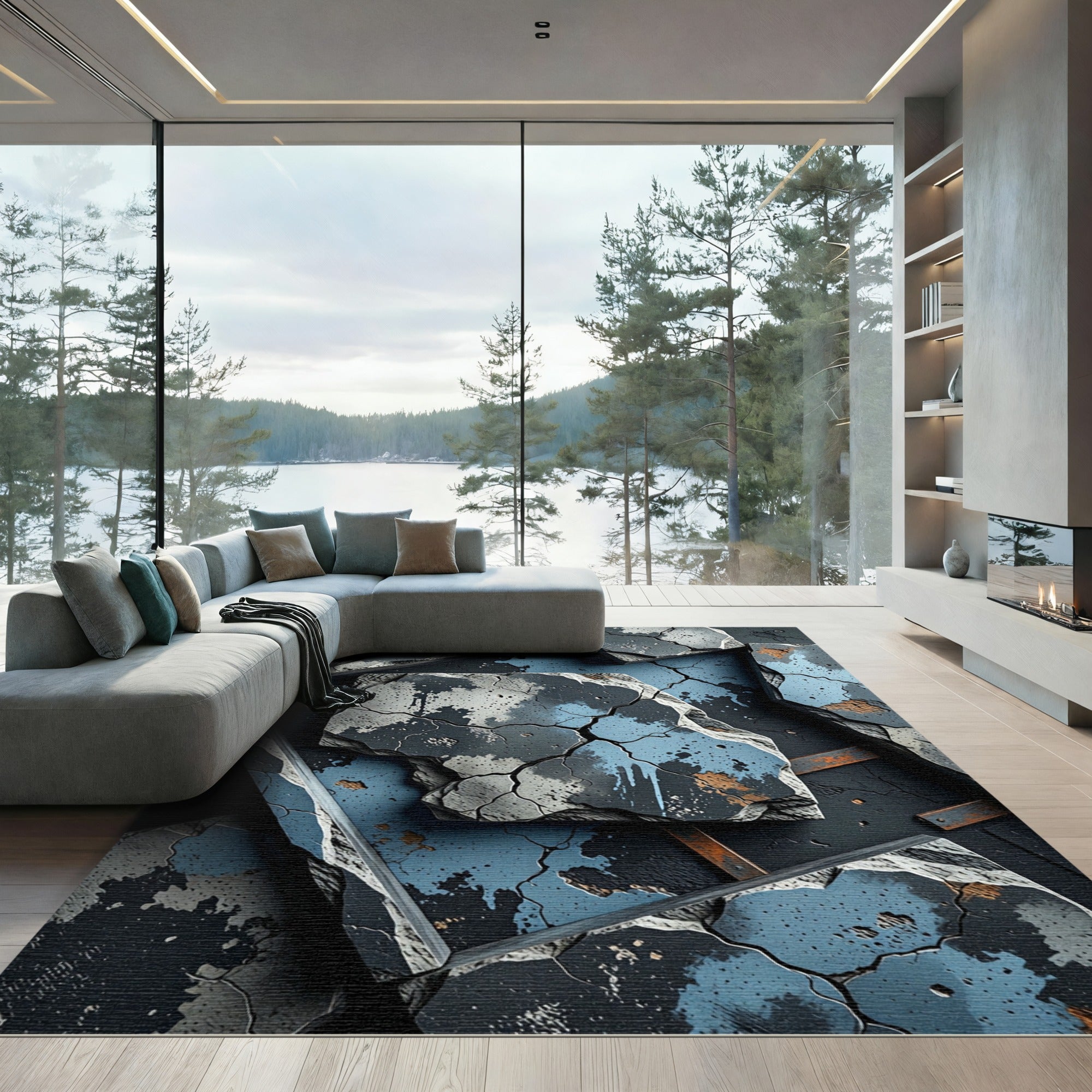 Cracked Concrete Blue Splatter Abstract Rug