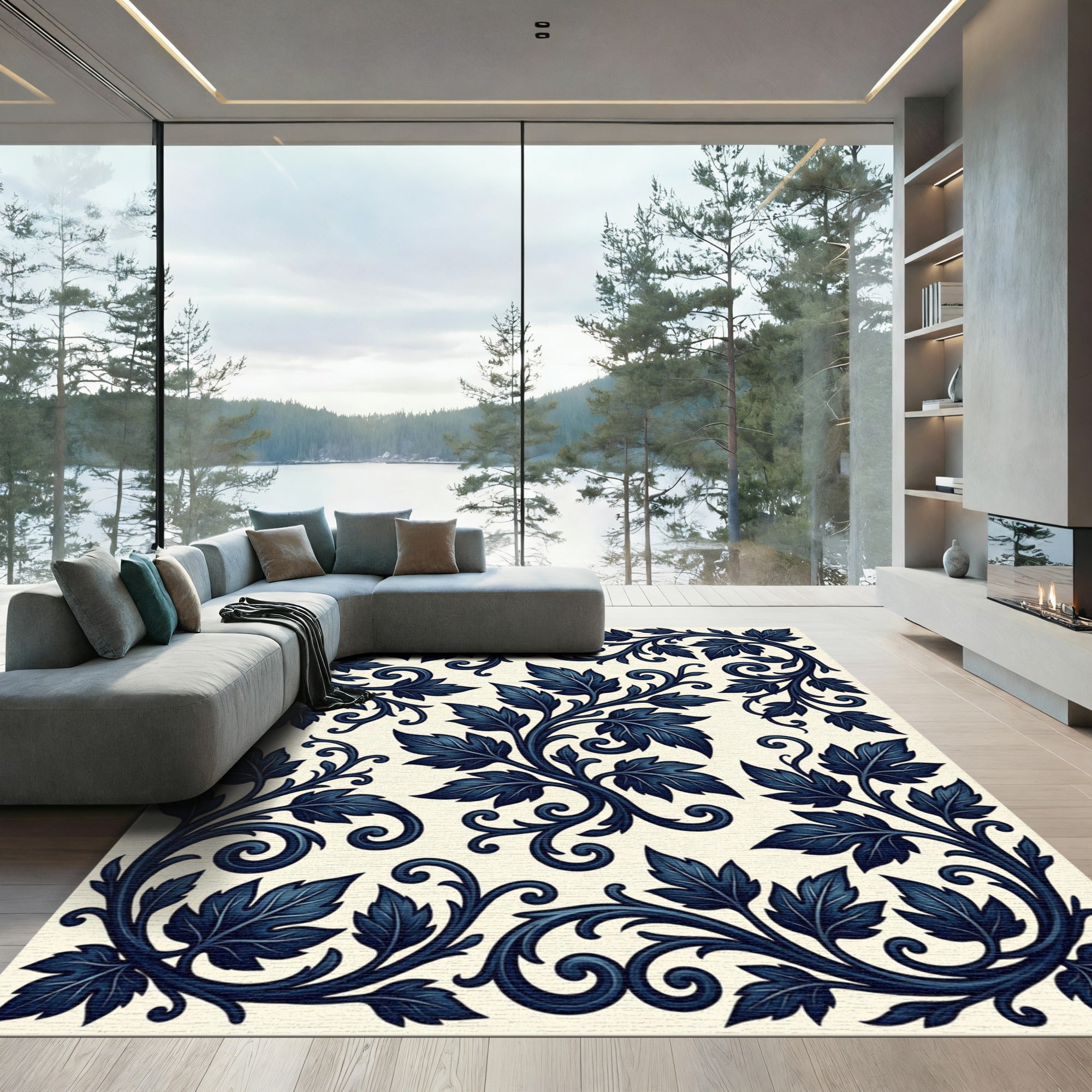 Deep Navy Acanthus Scrollwork Swirls Rug