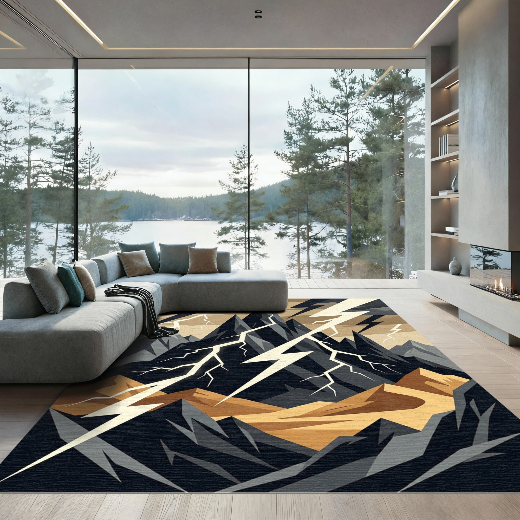 Stormy Mountain Lightning Abstract Art Rug