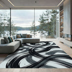 Modern Black and Gray Brushstroke Swirls Rug