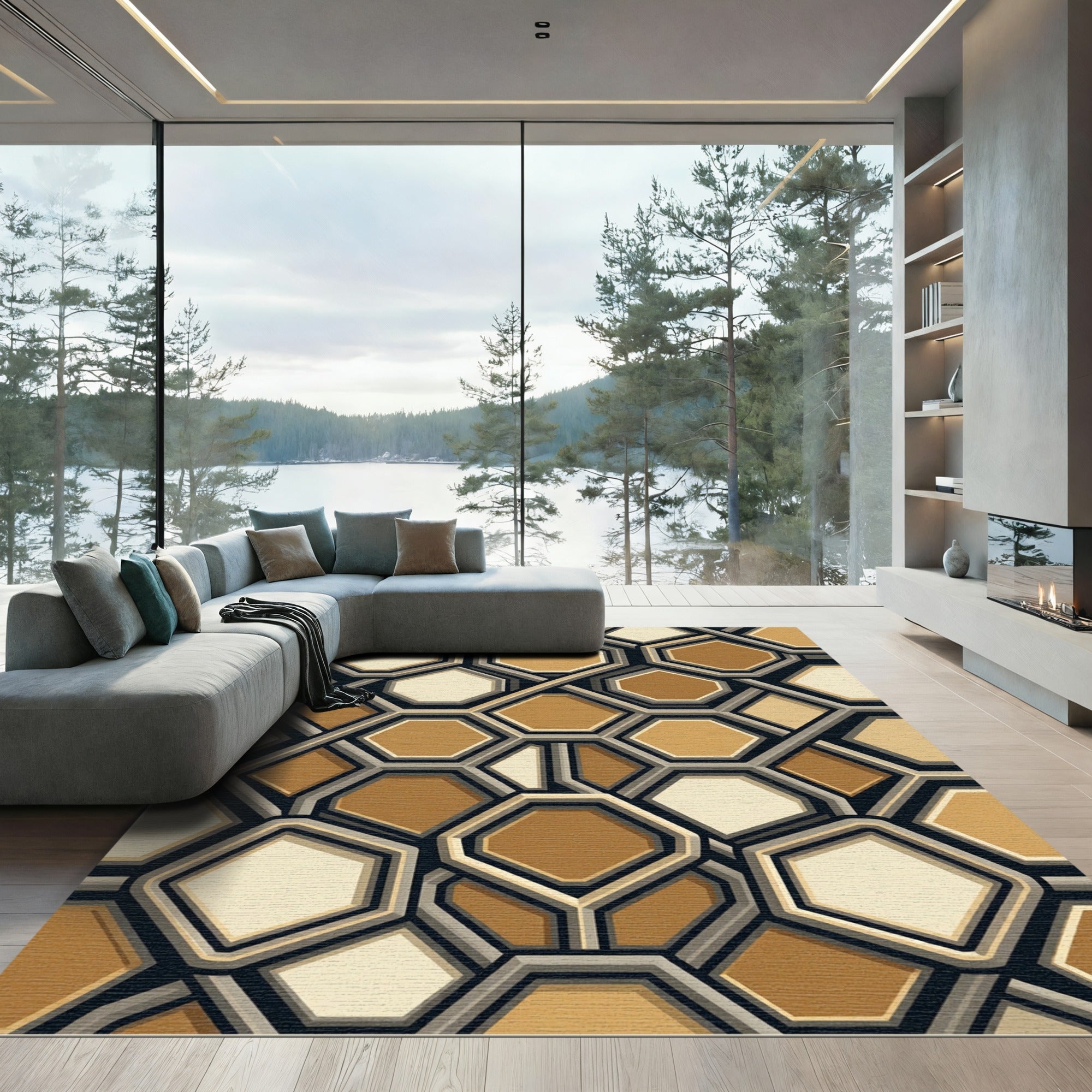 Geometric Hexagon Honeycomb Earth Tone Rug