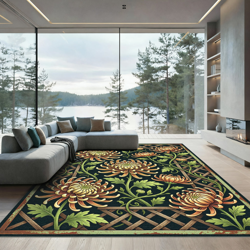 Golden Chrysanthemum Lattice Botanical Rug