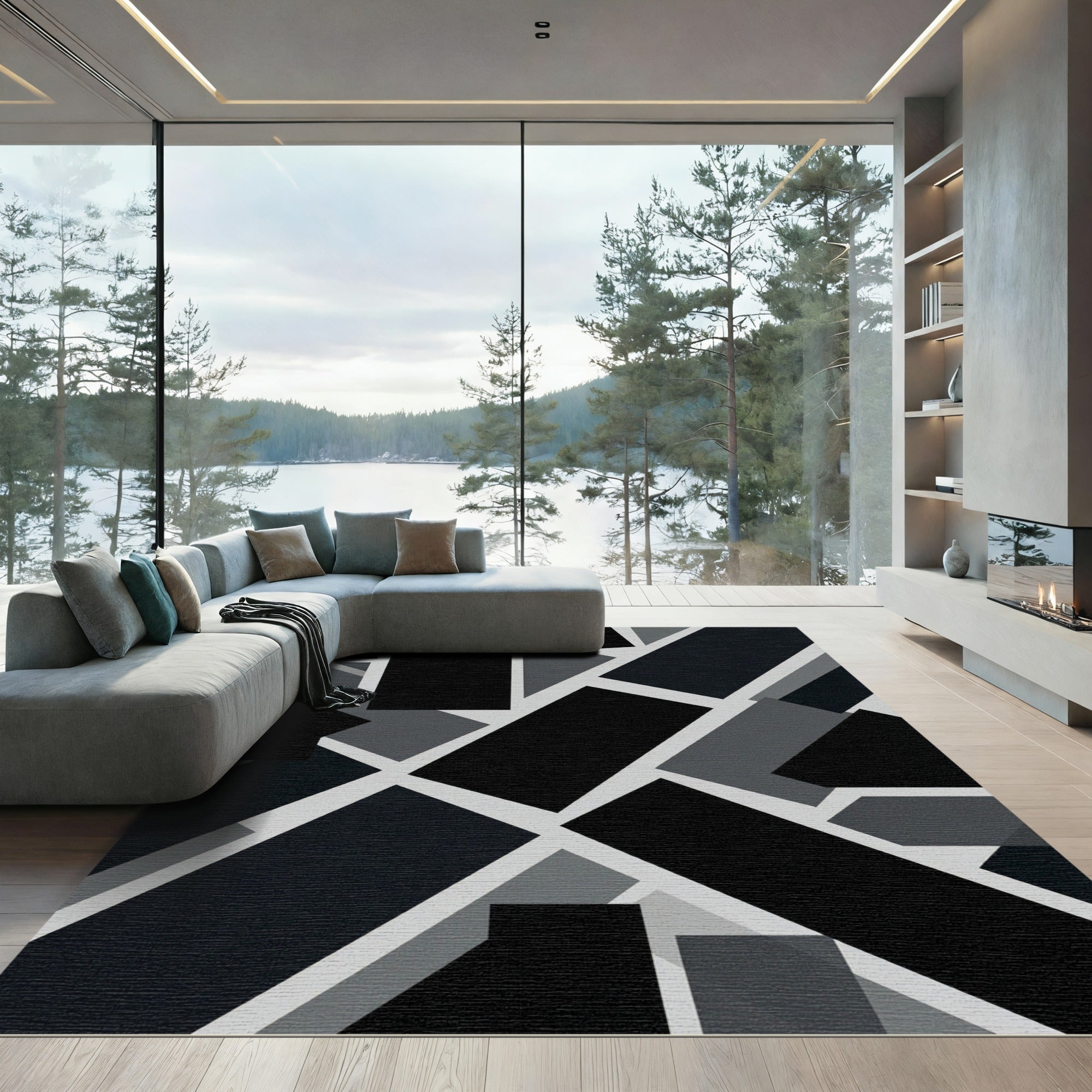 Monochromatic Geometric Collage Tiles Rug