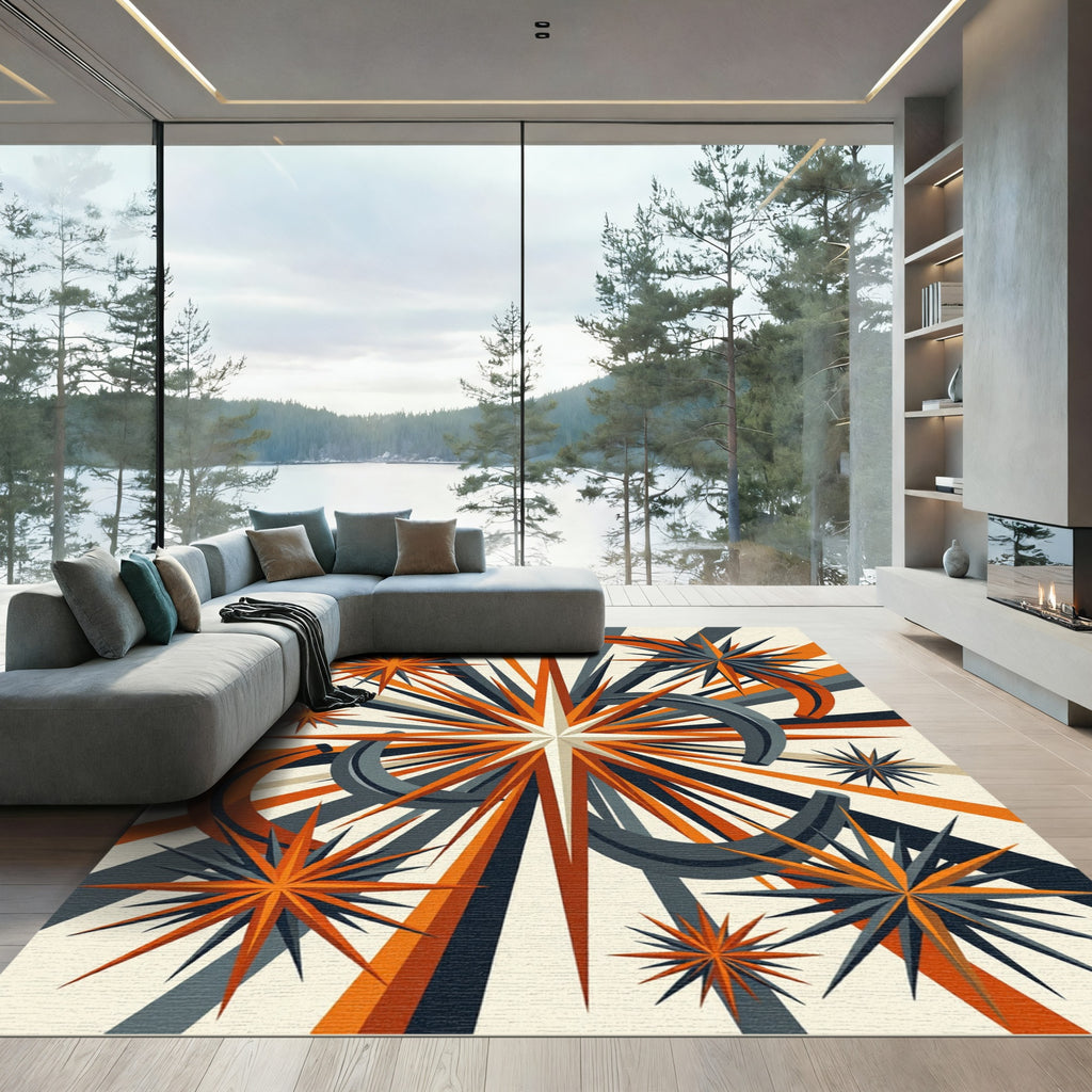 Midcentury Orange and Charcoal Starburst Rug
