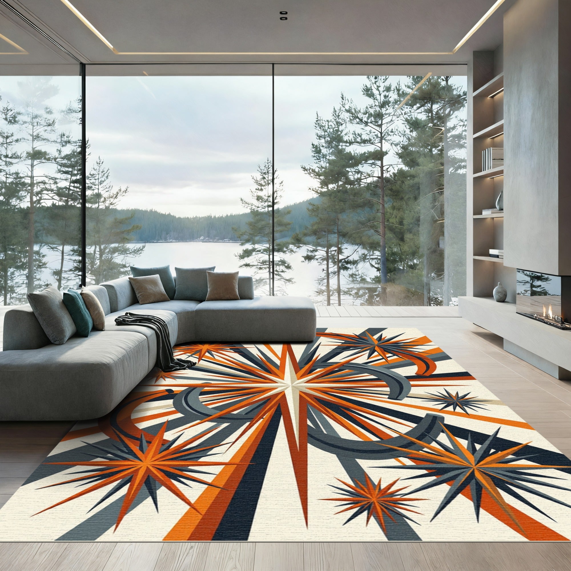Midcentury Orange and Charcoal Starburst Rug