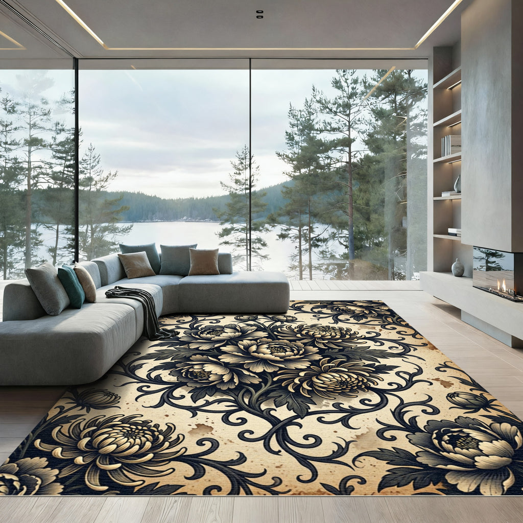 Antique Beige Floral Chrysanthemum Scroll Rug