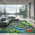 Vibrant Illustrated Countryside Village Roadways Rug