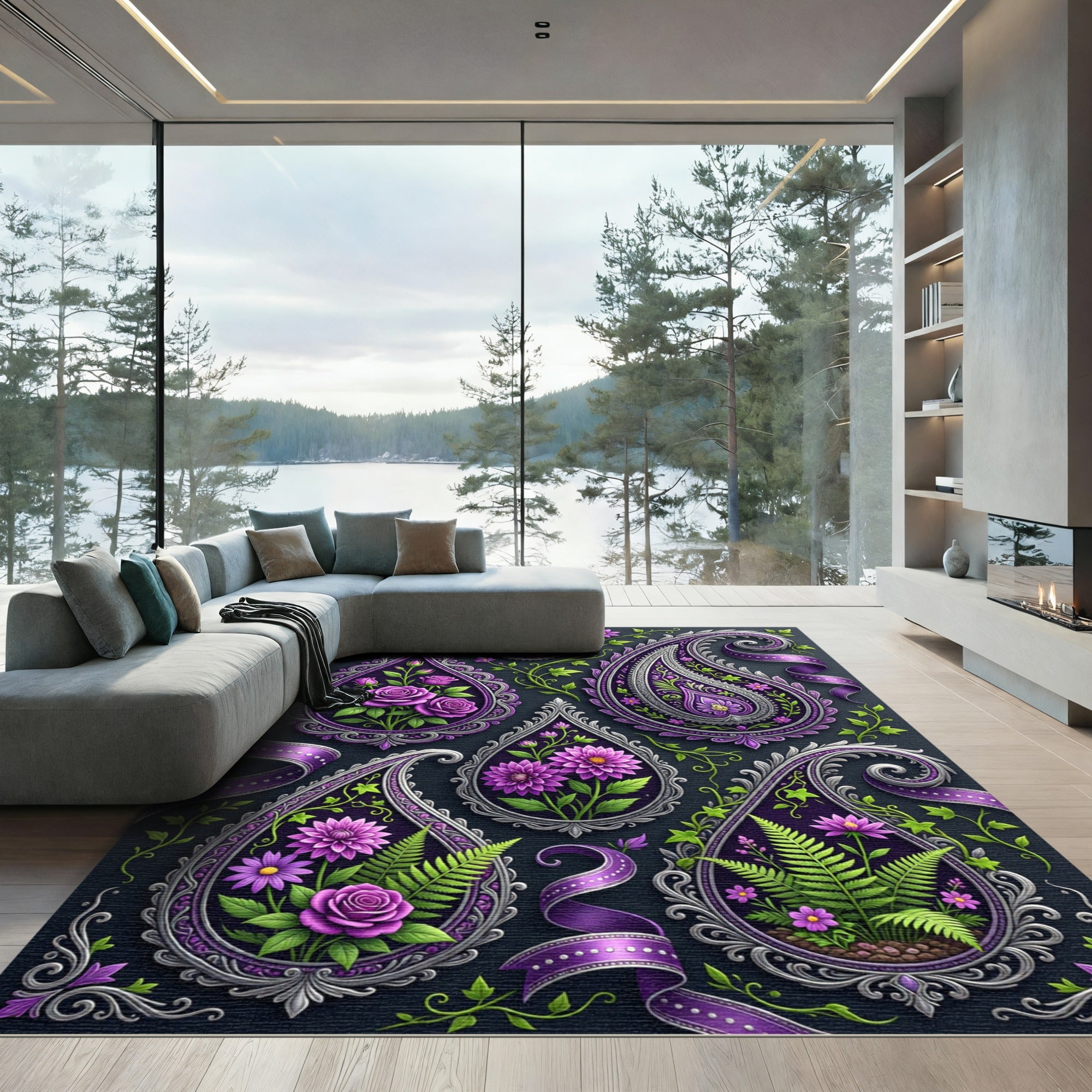 Rich Purple Floral Paisley Ribbon Rug