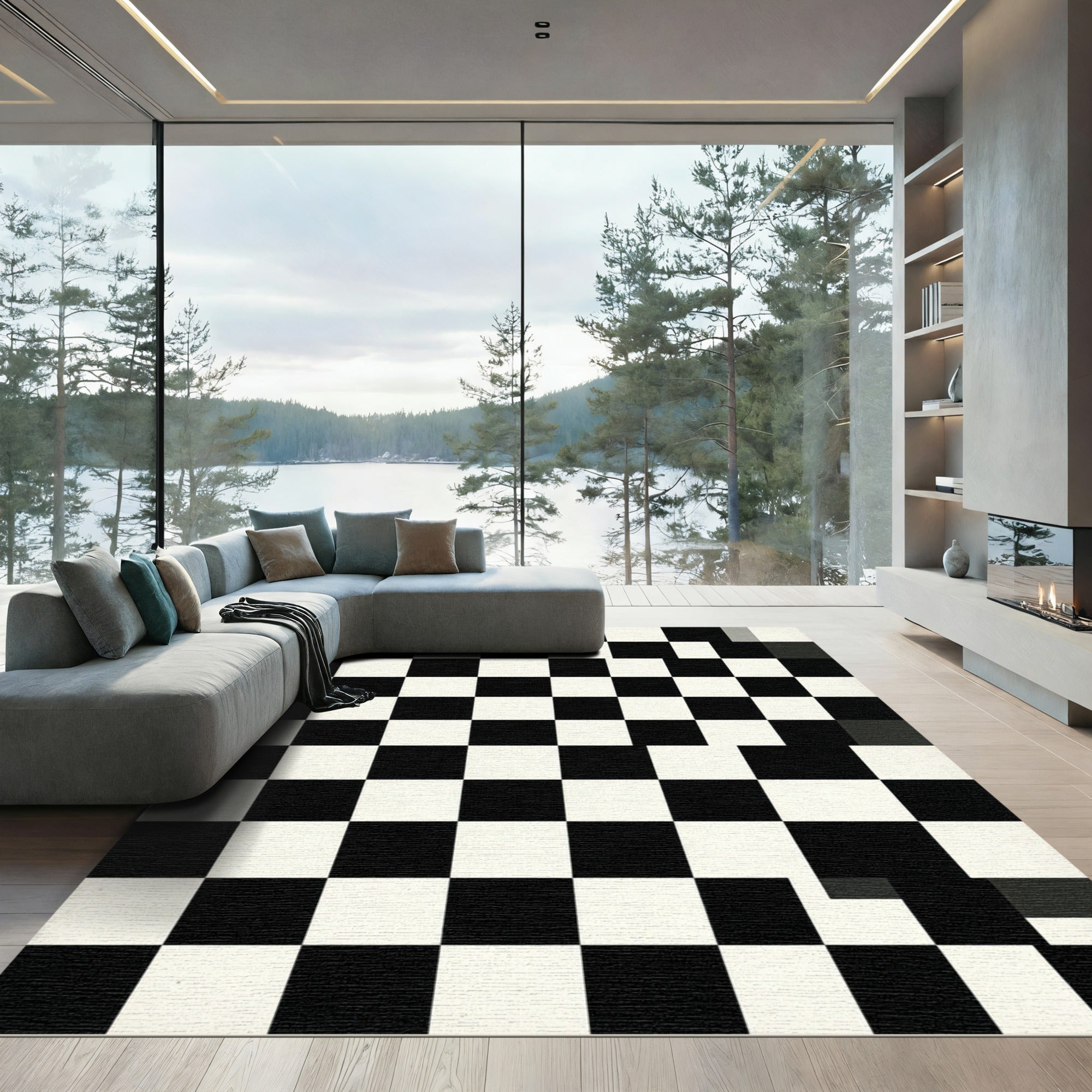 Monochrome Distorted Checkerboard Graphic Rug