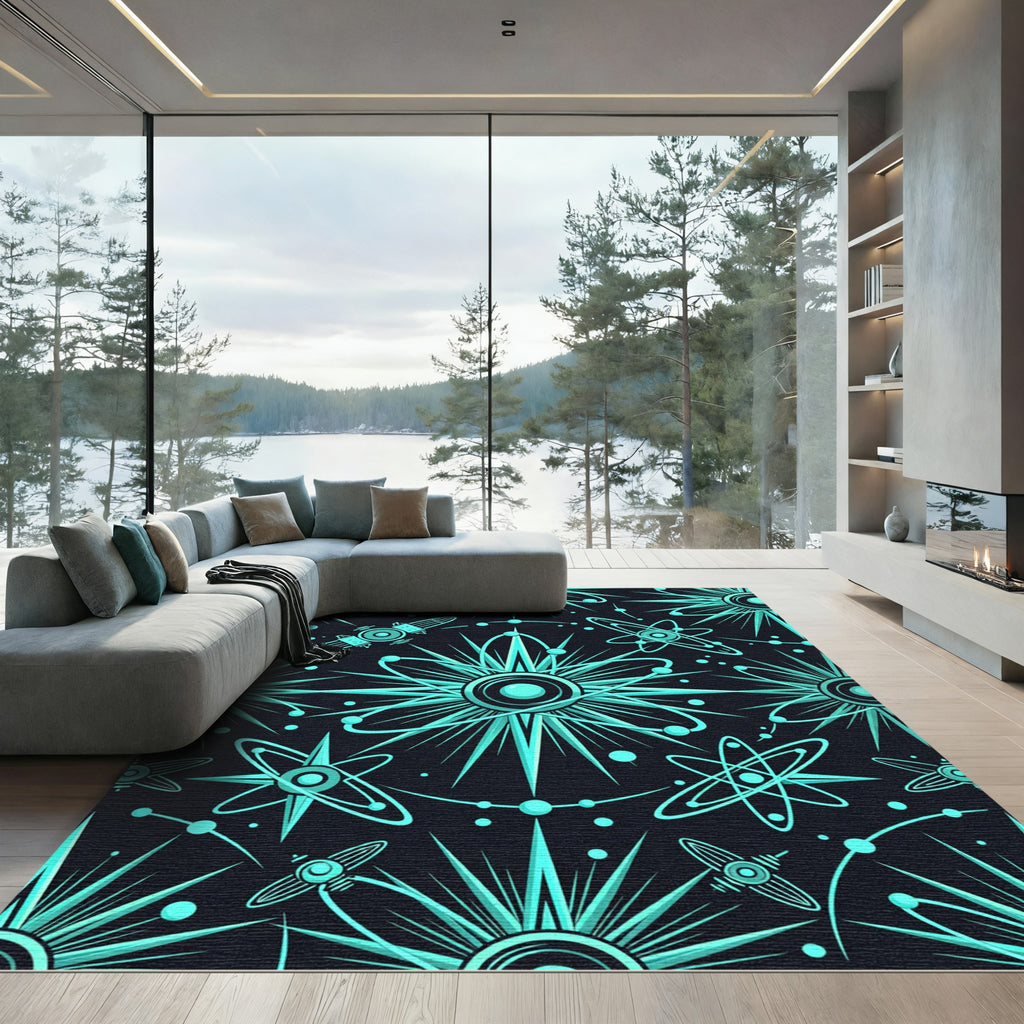 Retro Cyan Atomic Orbit Rug
