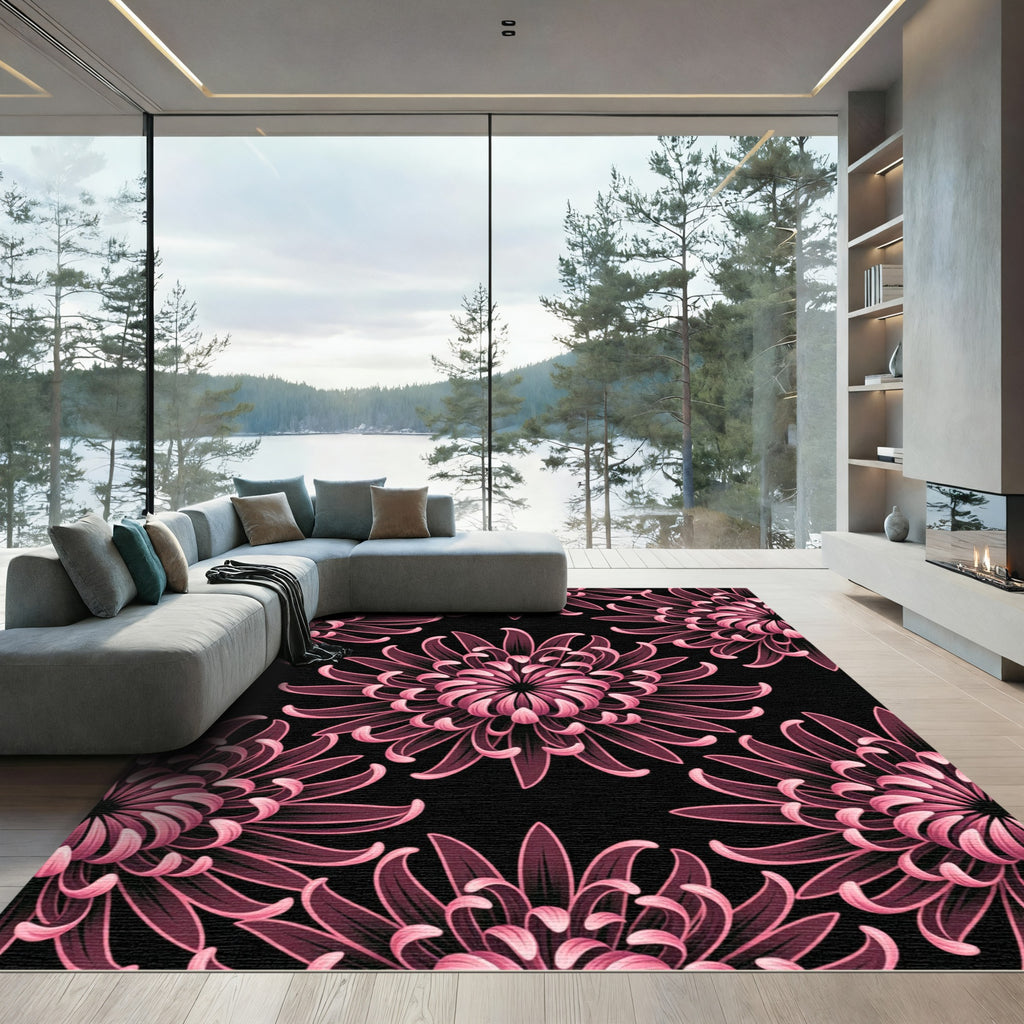 Dark Pink Chrysanthemum Floral Art Rug