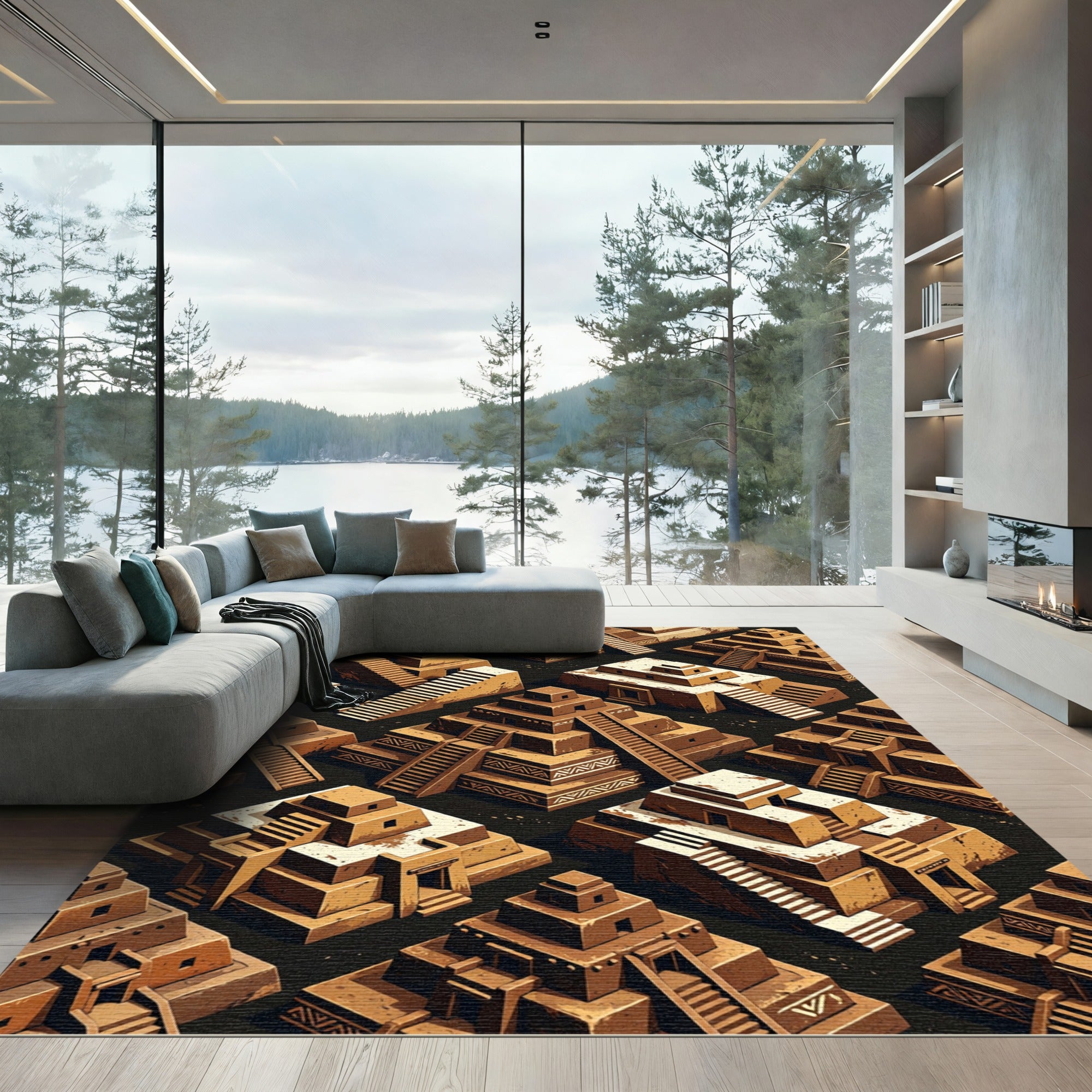 Isometric Aztec Temple Earth Tone Rug