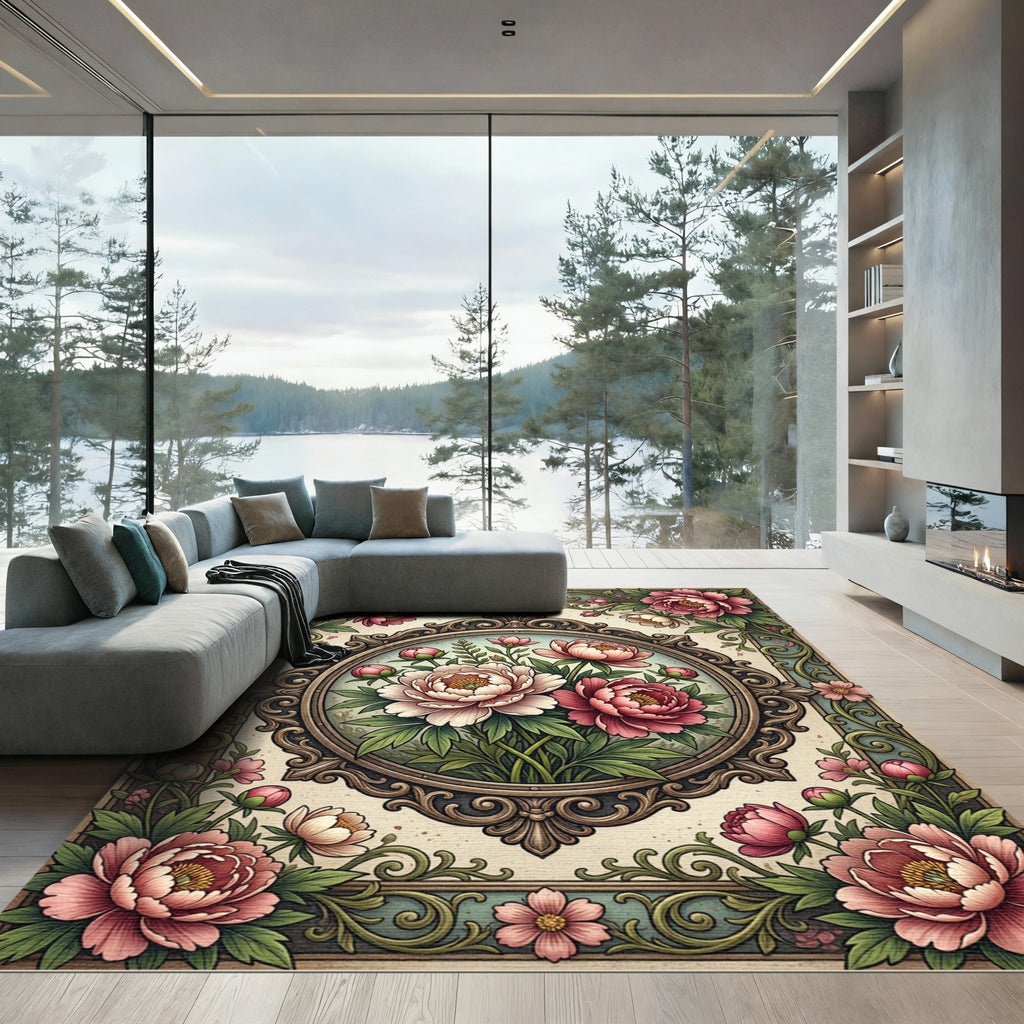 Vintage Pink Peony Medallion Floral Rug