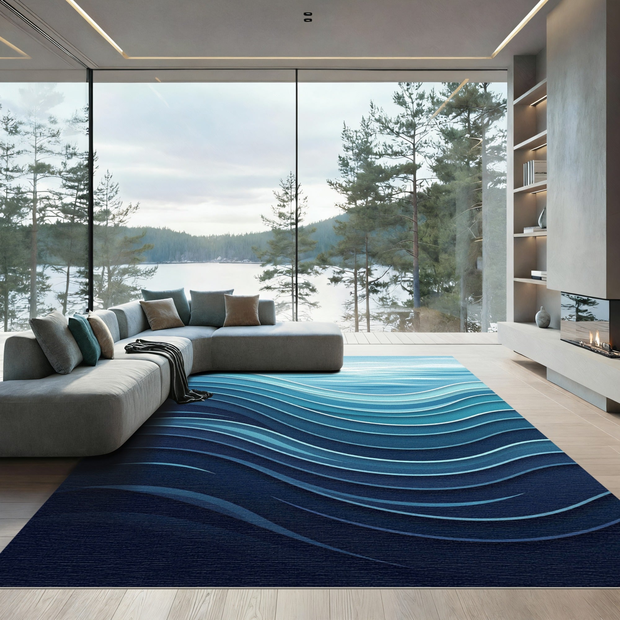 Oceanic Deep Blue Wavy Layers Rug
