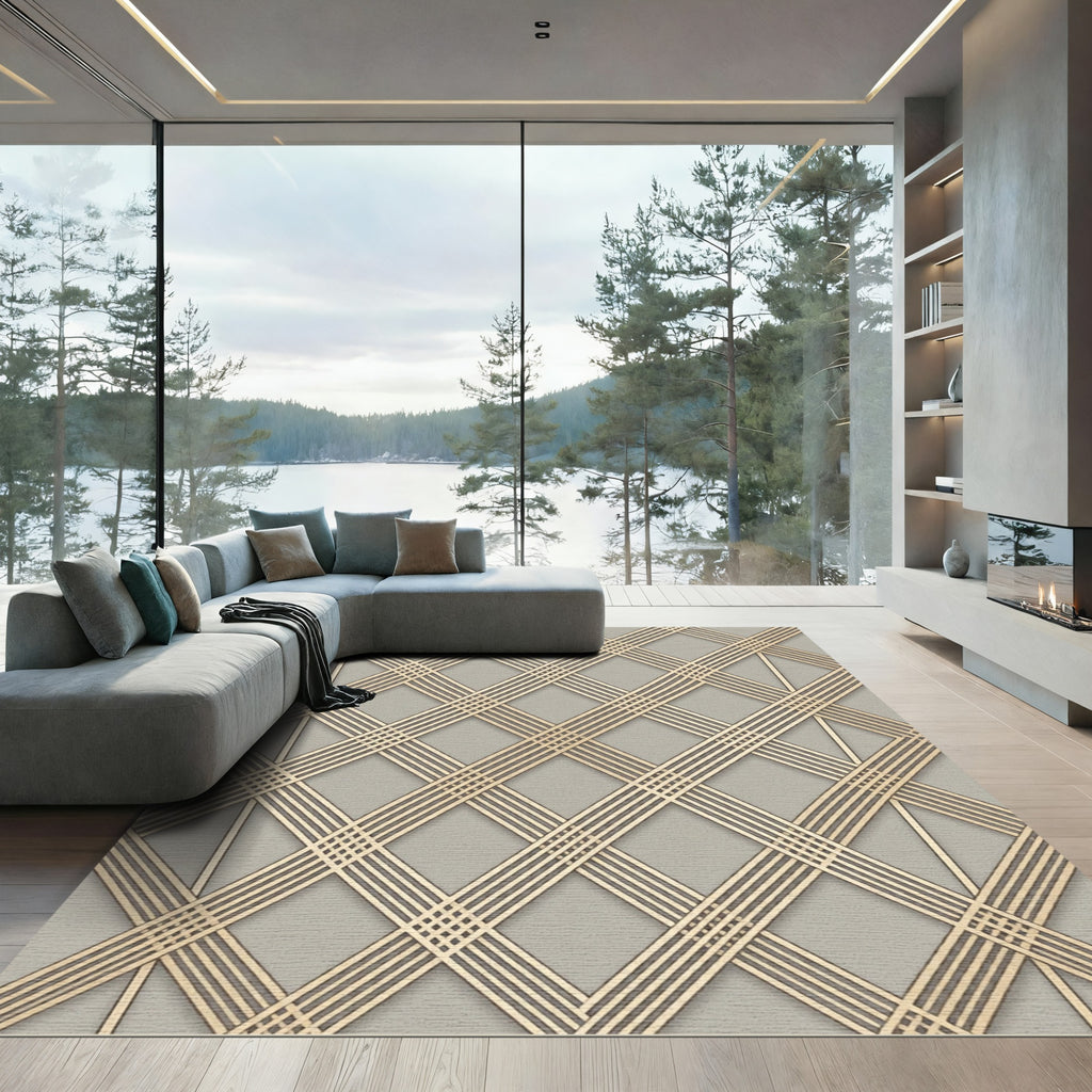 Sophisticated Golden Geometric Lattice Gray Rug