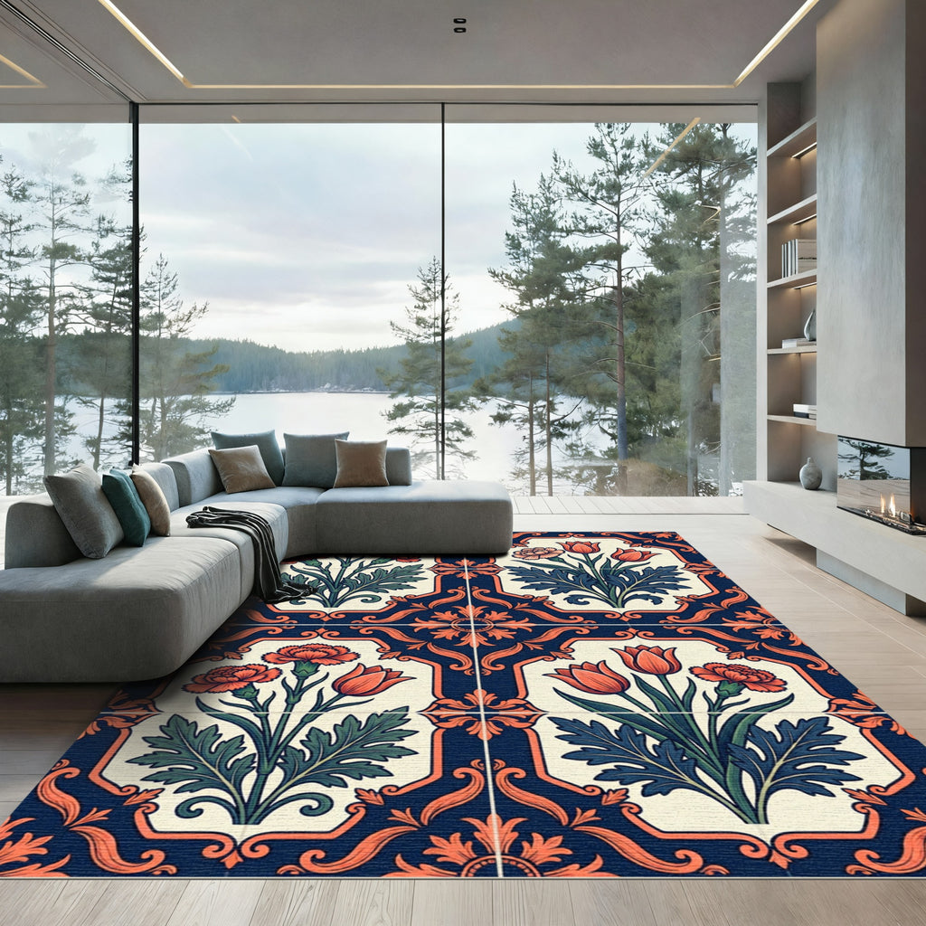 Navy Cream Floral Damask Botanical Square Rug