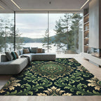Elegant Emerald Green Baroque Medallion Scroll Rug
