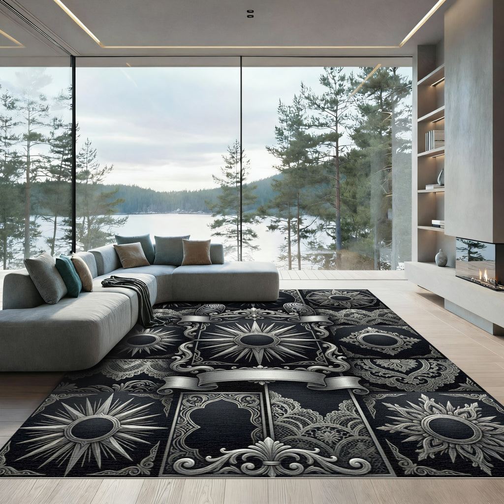 Ornate Silver Sunburst Lace Medallion Rug