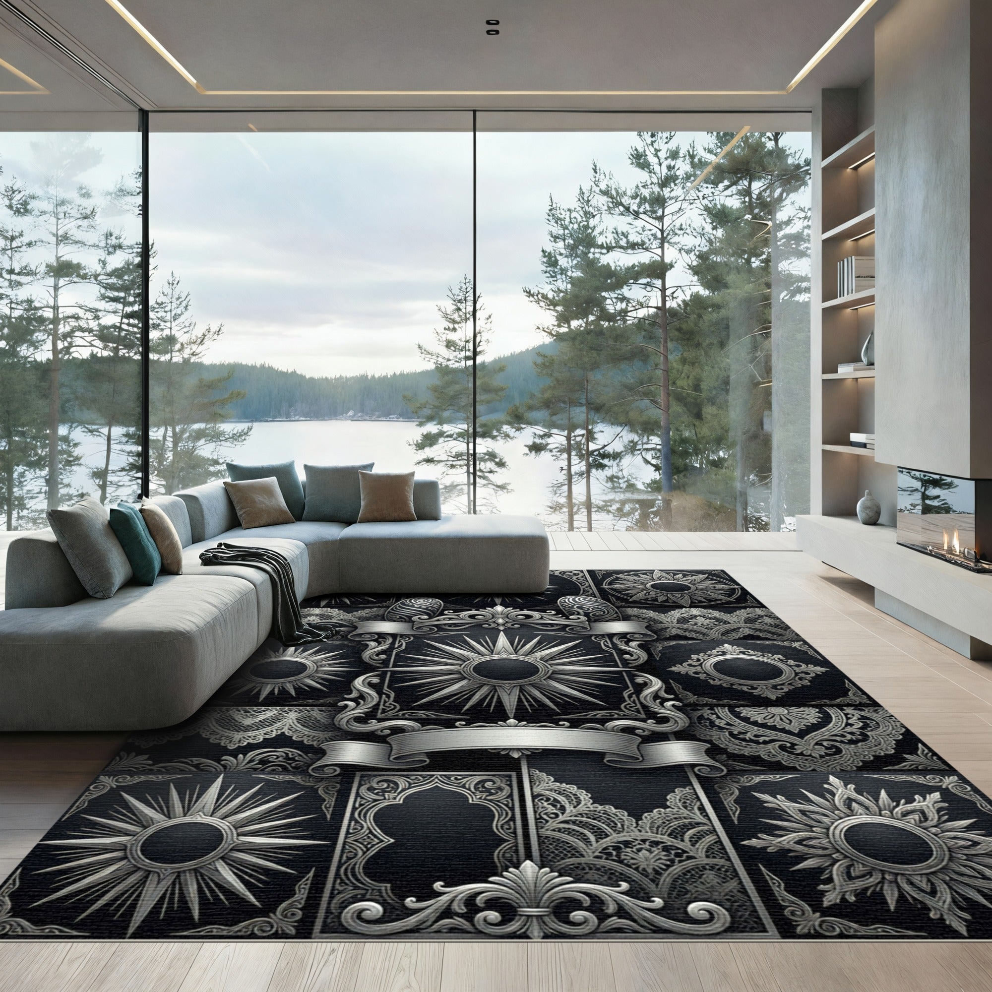Ornate Silver Sunburst Lace Medallion Rug
