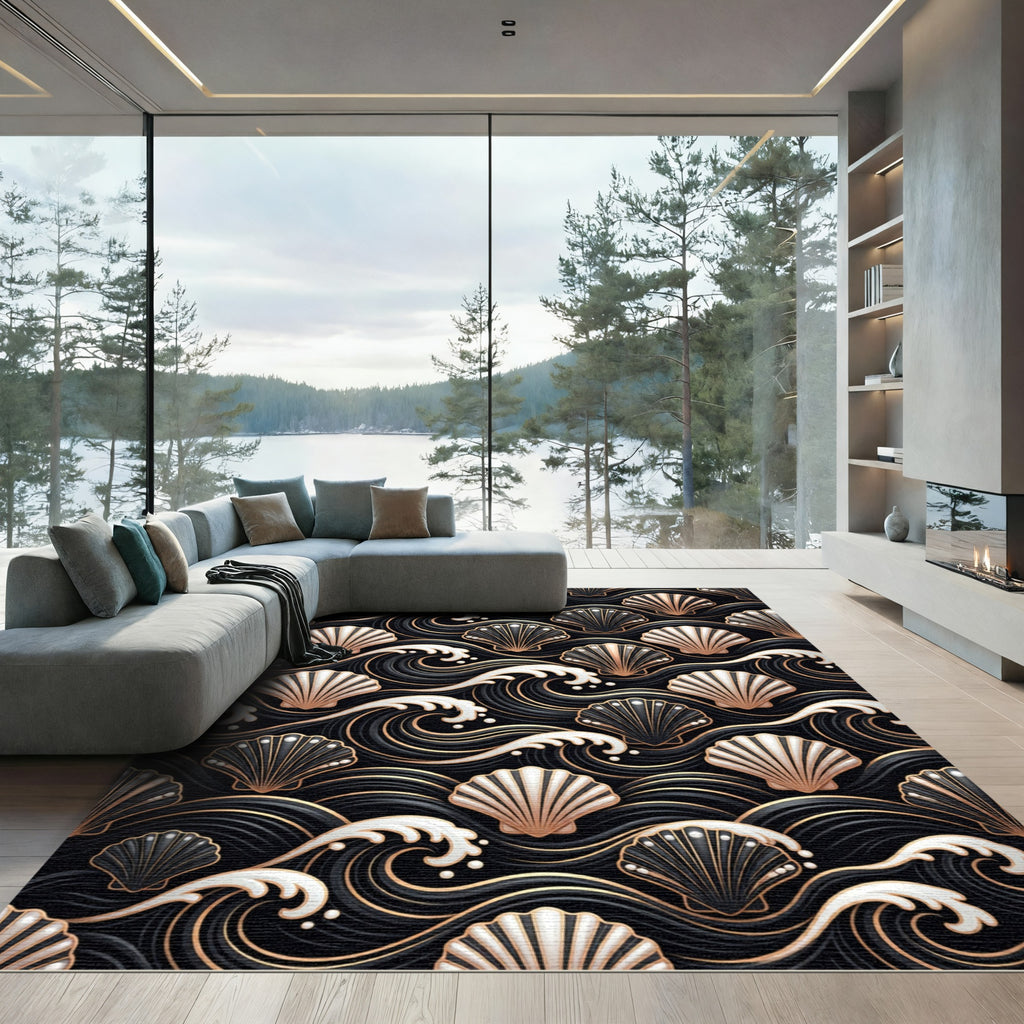 Black Gold Seashell Wave Art Rug