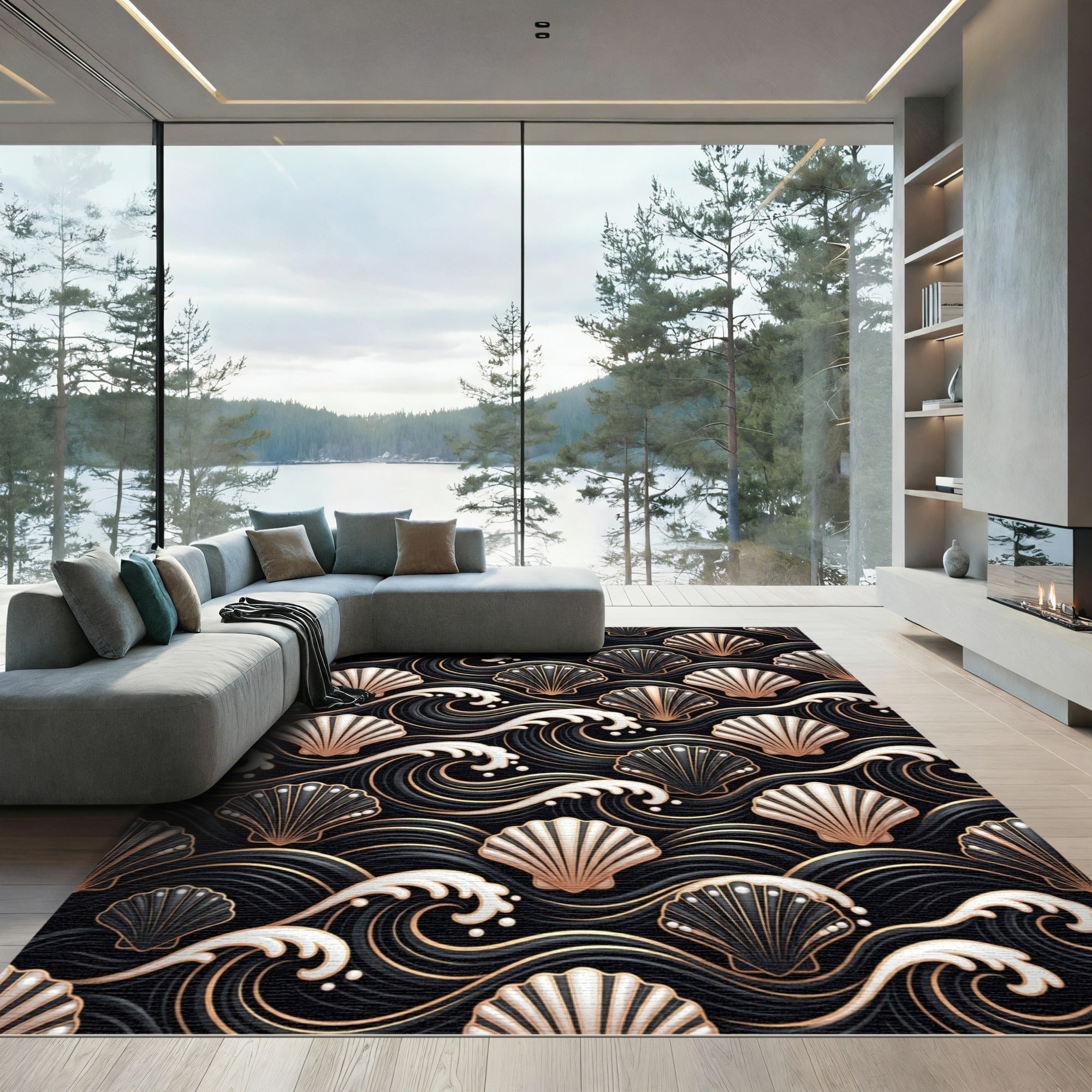 Black Gold Seashell Wave Art Rug