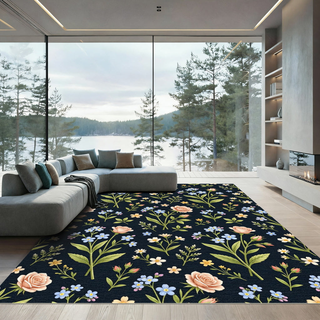 Peach and Blue Floral Botanical Print Rug