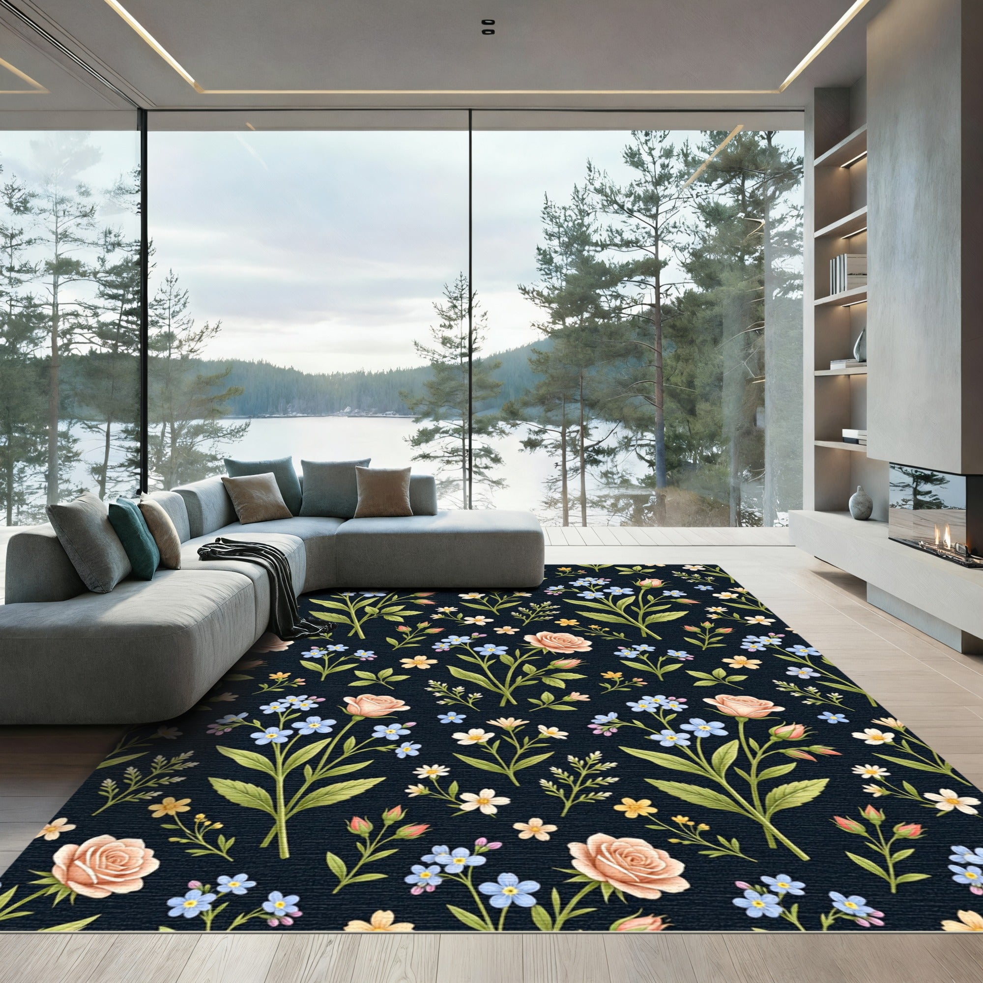 Peach and Blue Floral Botanical Print Rug