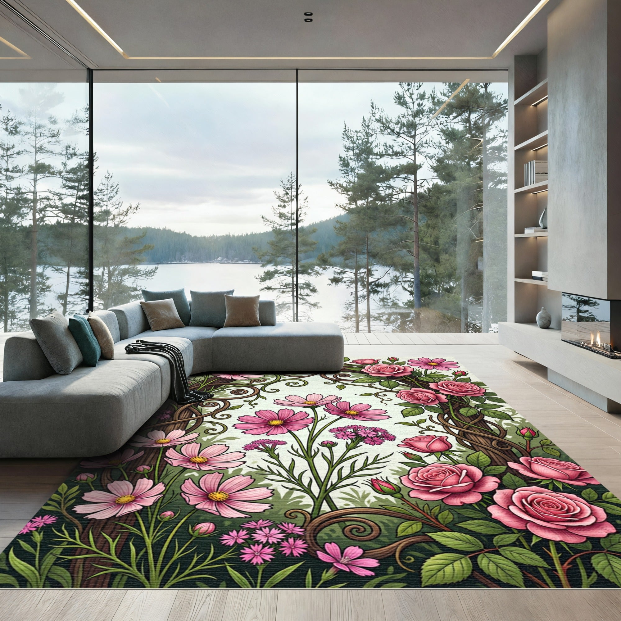 Romantic Pink Rose and Cosmos Garden Rug