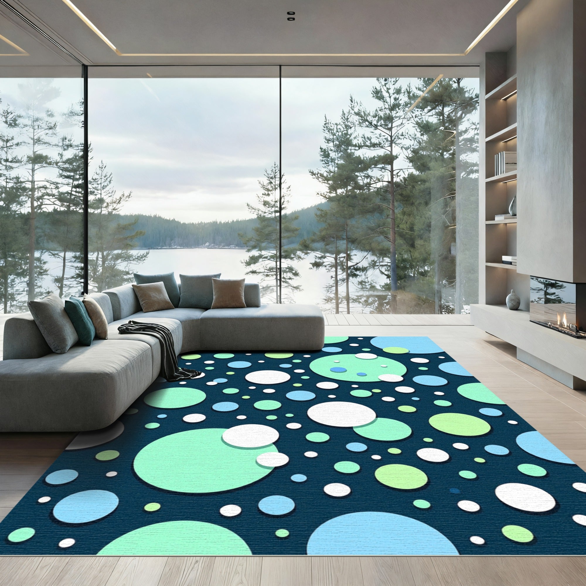 Modern Teal Circles Abstract Composition Rug