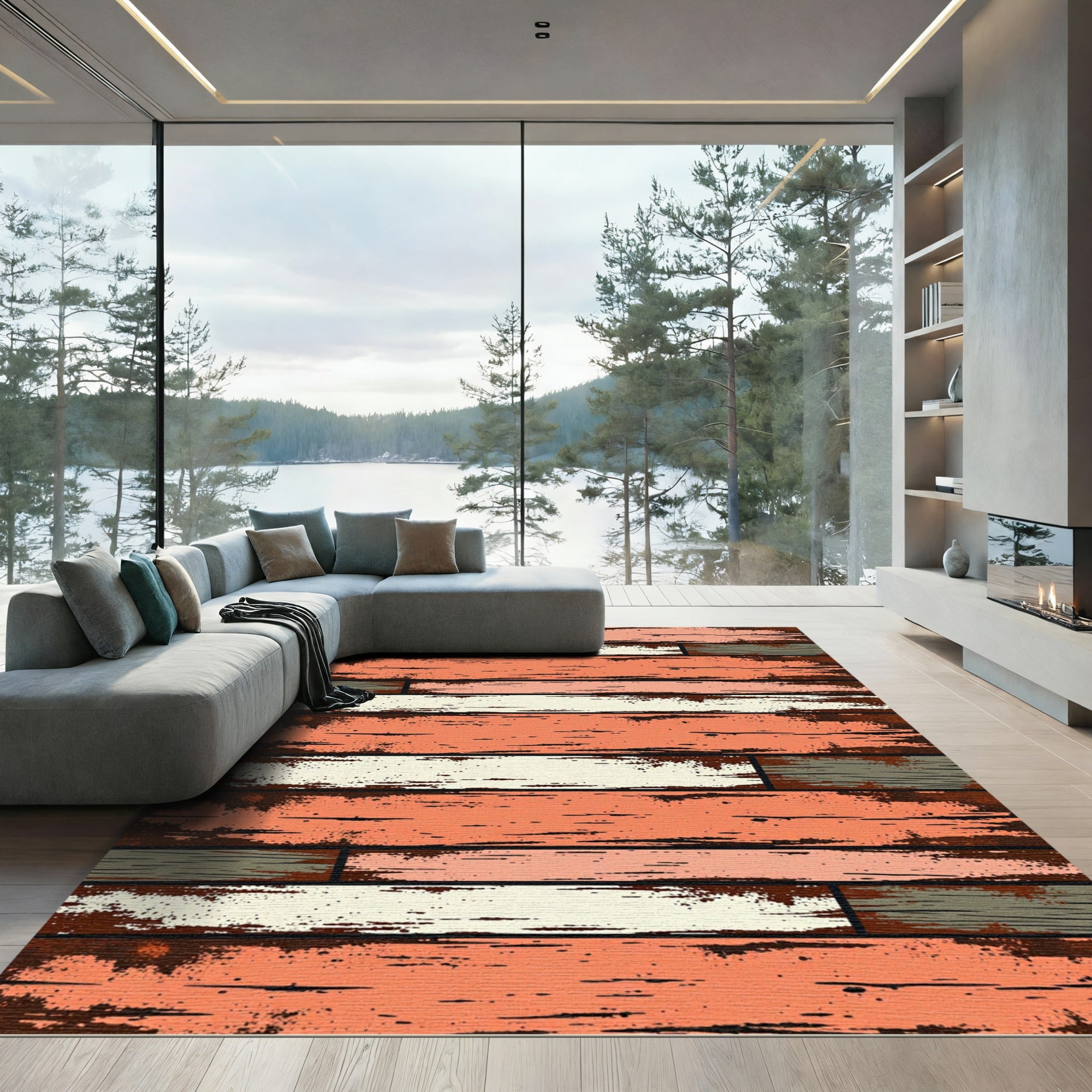 Rustic Distressed Wood Plank Striped Art Rug