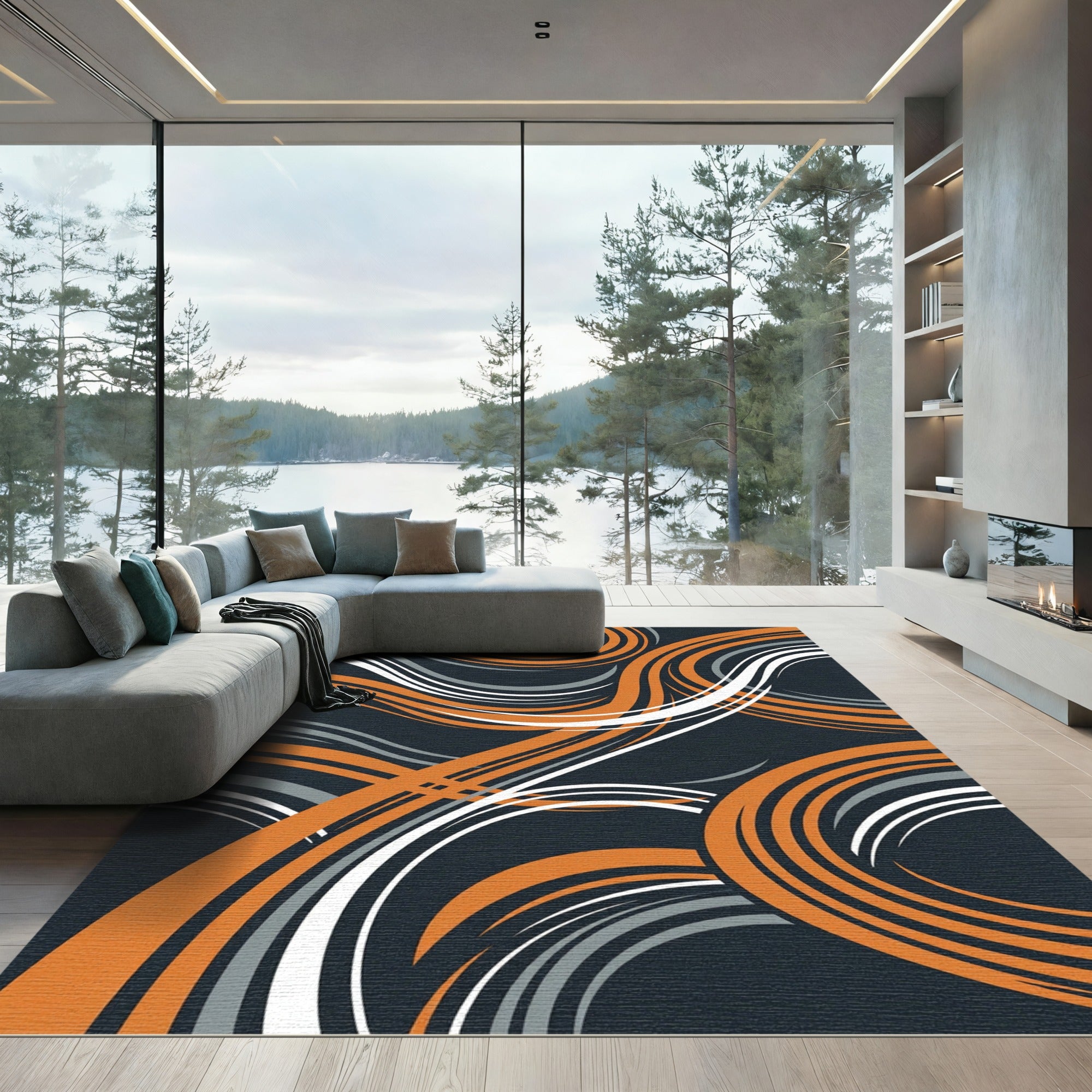 Modern Abstract Orange Gray Swirl Rug