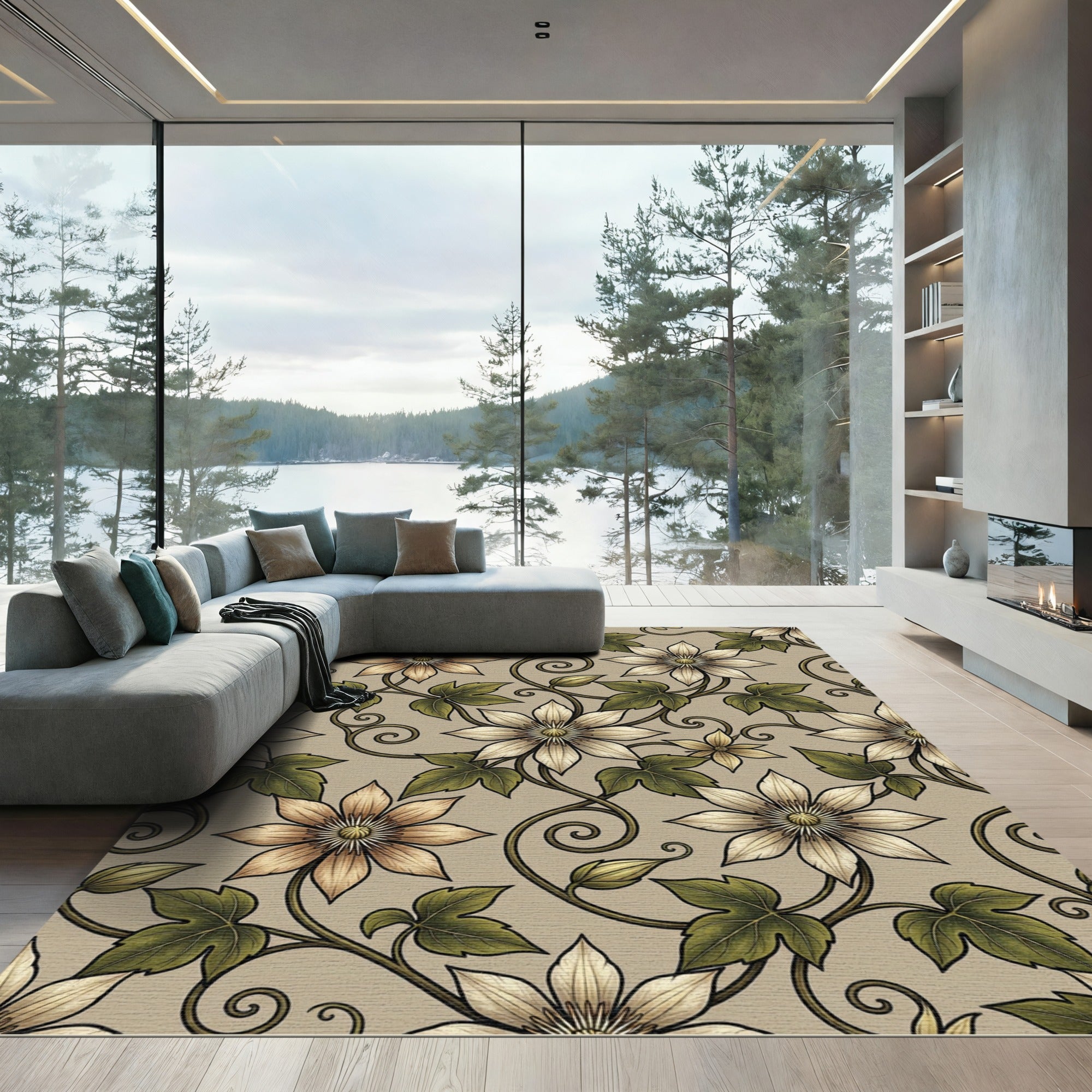 Beige Floral Vine Swirl Rug
