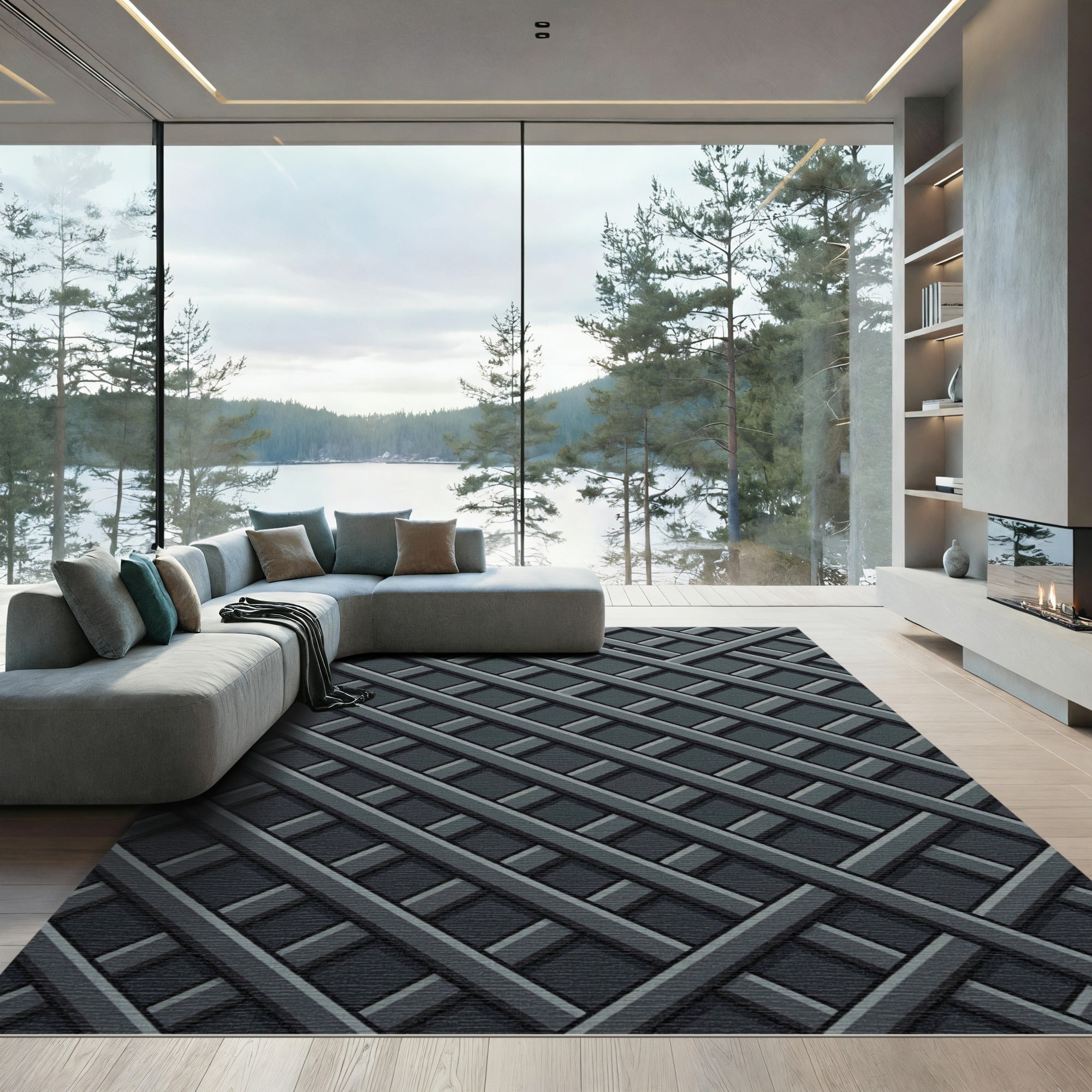 Modern Dark Gray Lattice Weave Rug