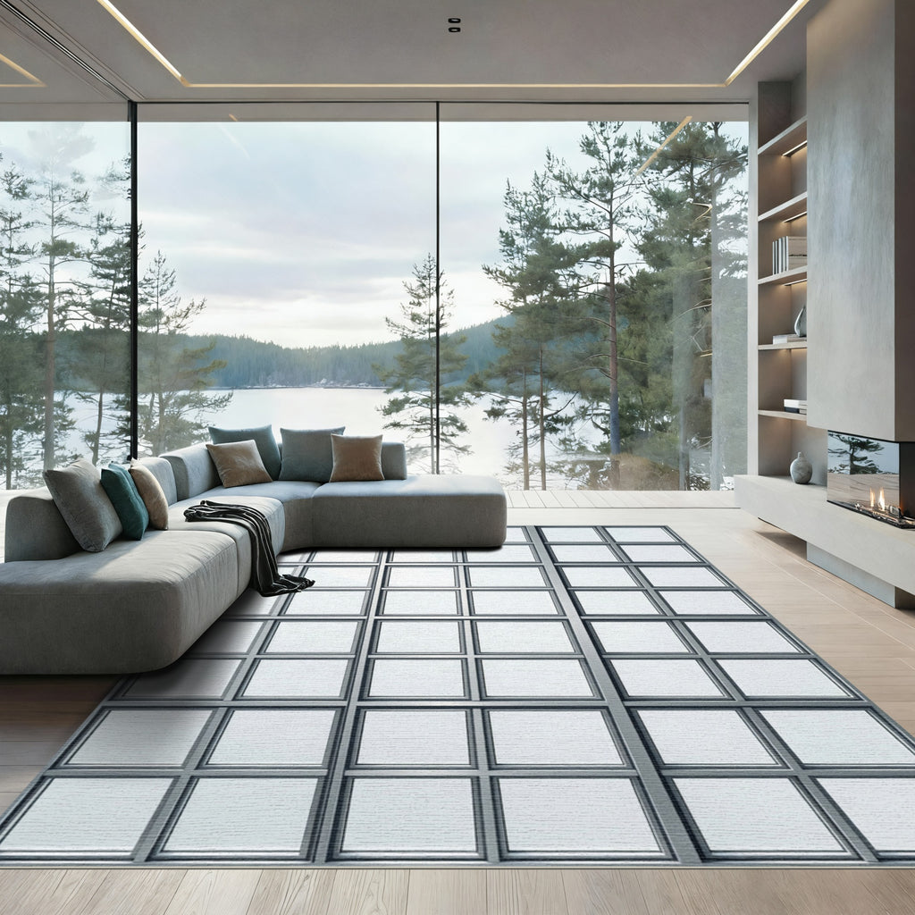 Modern Gray Industrial Grid Squares Rug
