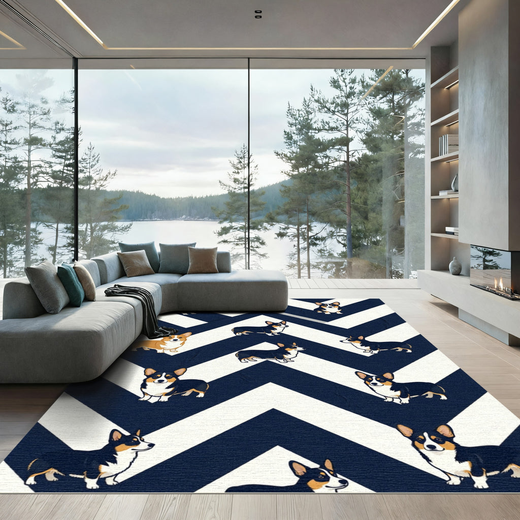 Navy Chevron Corgi Geometric Illustration Rug