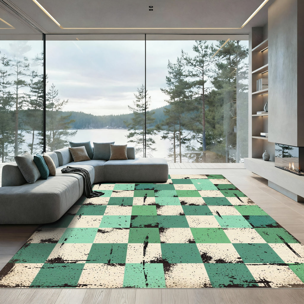 Aqua Teal Grungy Checkered Squares Rug