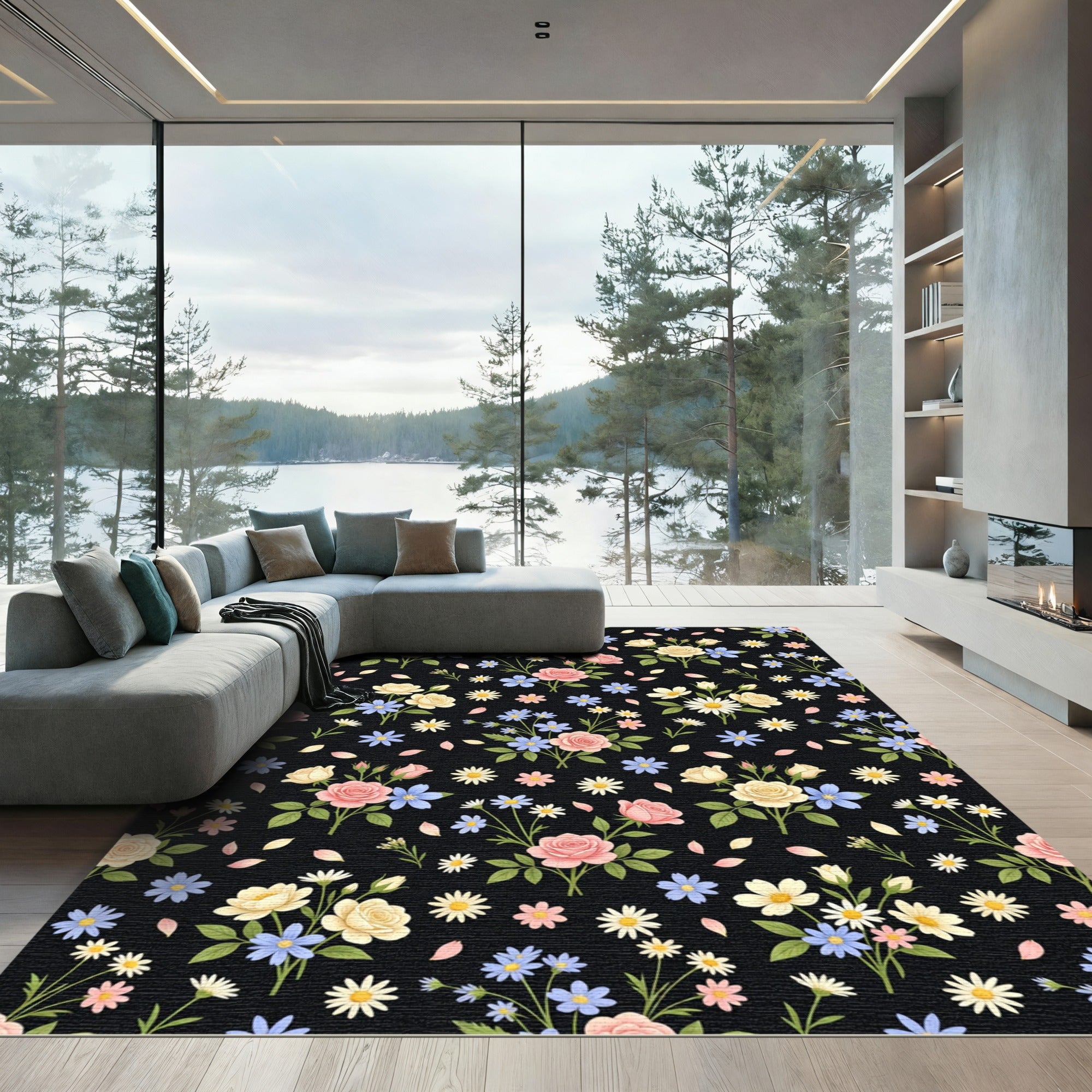 Pink Yellow Blue Floral Bouquet Rug