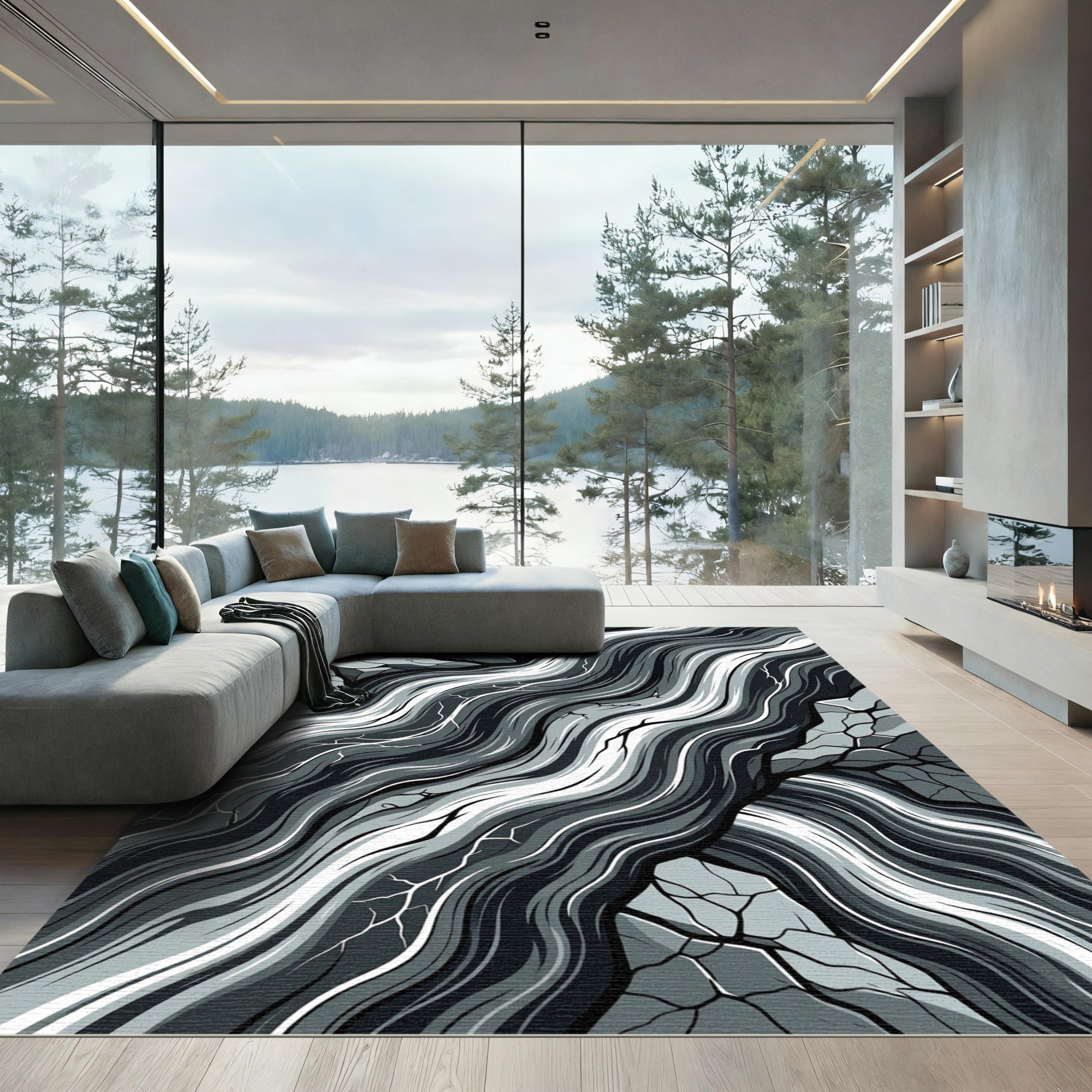 Monochrome Abstract Flowing River Rock Rug