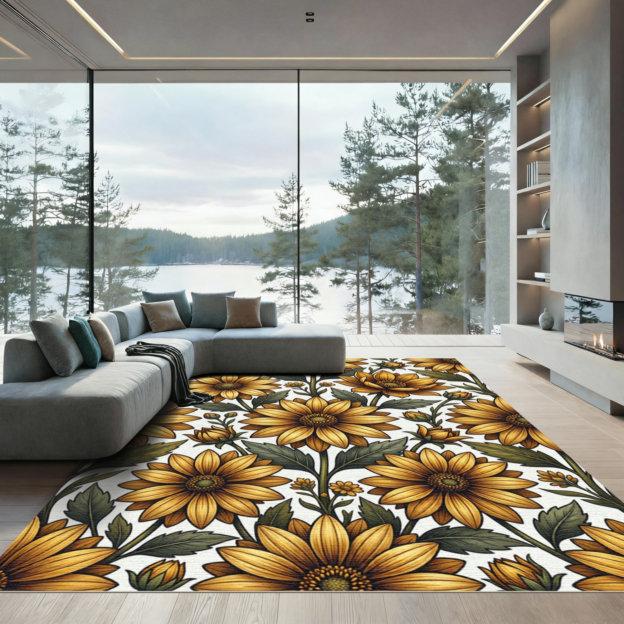Golden Sunflower Botanical Meadow Illustration Rug