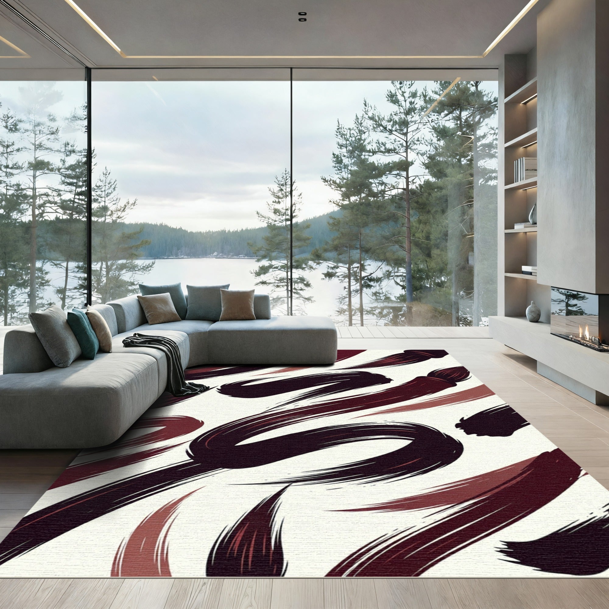 Abstract Ink Brush Stroke Crimson Rug