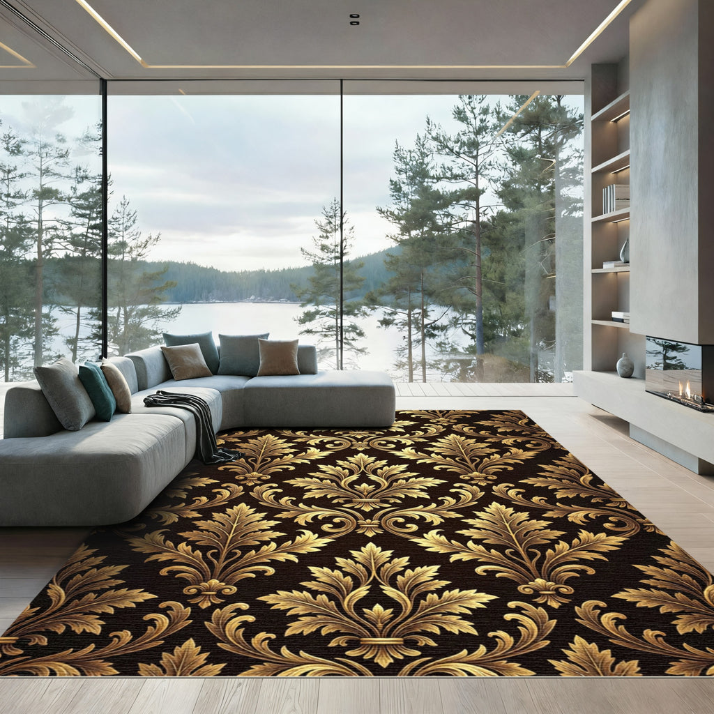 Elegant Gold Damask Foliage Wallpaper Rug