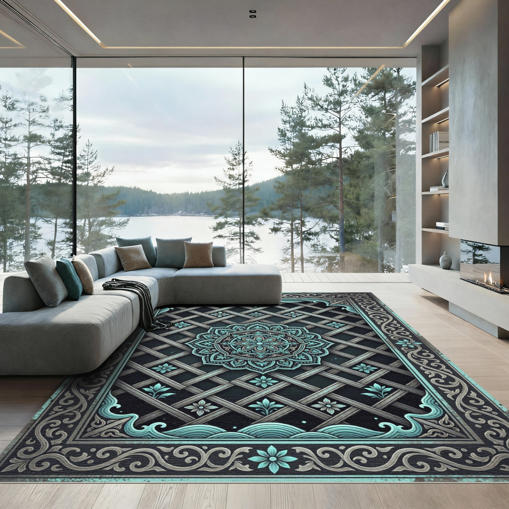 Turquoise Mandala Lattice Frame Rug