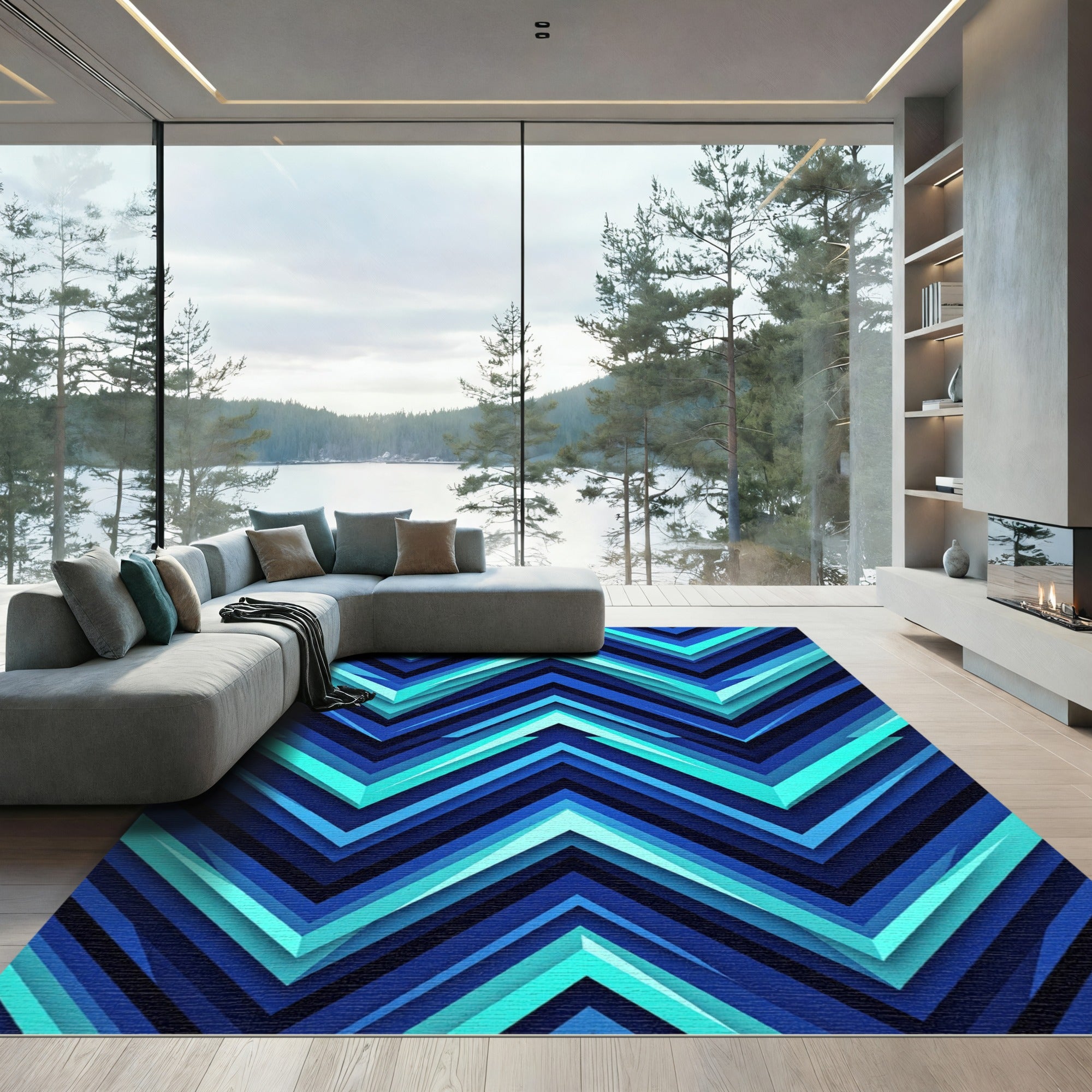 Deep Blue Teal Chevron Layers Rug